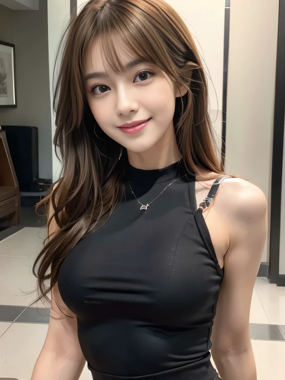 masterpiece, best quality, ultra-detailed, intricately detailed hyperdetailed, realistic, sharp features, highly detailed, sharp focus, (1:1.3), perfect face, perfect symmetrically eyes, perfect full lips, hyper detailed, hyper realistic, high resolution, Fashion Model, Slender, Japanese Idol, Red hair, Stylish, Realistic, Photorealistic:1.3, Beautiful Face, light brown hair, messy hair, Beautiful hairstyle, Neat clothes, (grin), (tight fitting Black tops:1.2),