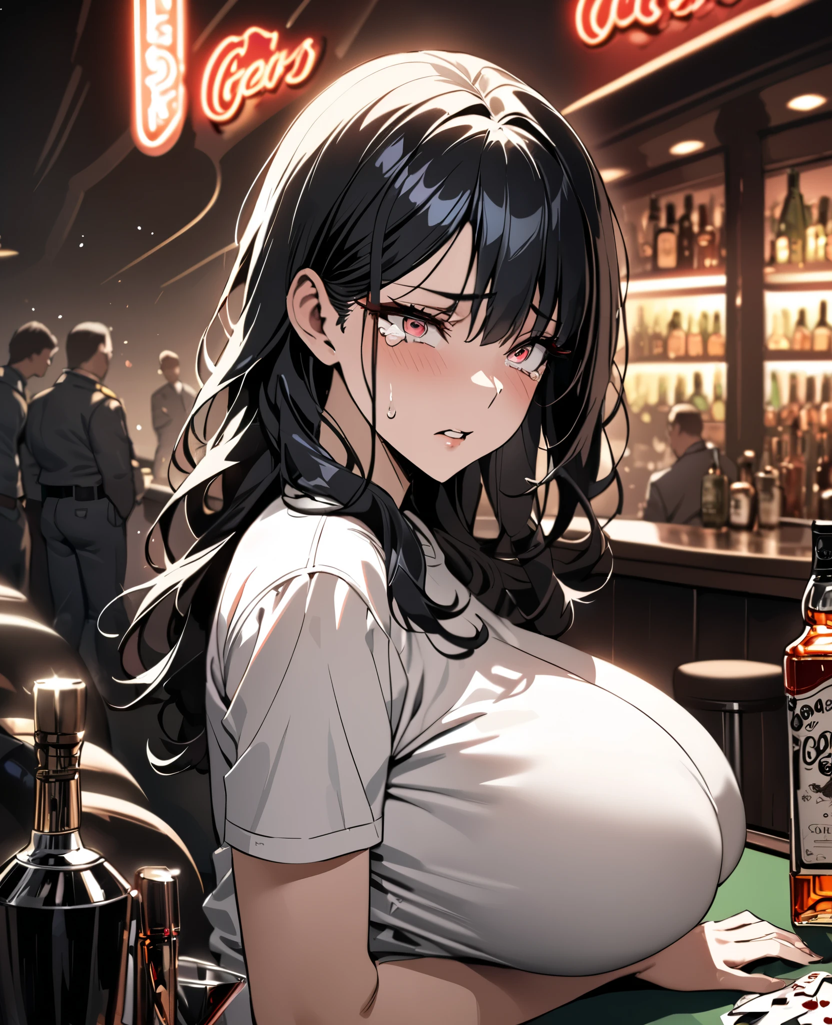 masterpiece,ultra detailed,hyperrealistic anime,curvy seductive woman,(tareme:1.2),thick lips,long black hair,blunt bangs,wavy hair,tube top frilled blouse,(low-rise skirt),see-through stole on shoulder,make-up,sitting at crowded pub,sweaty,look at viewer,aroused,pouting,(pubic hair),peace sign,
