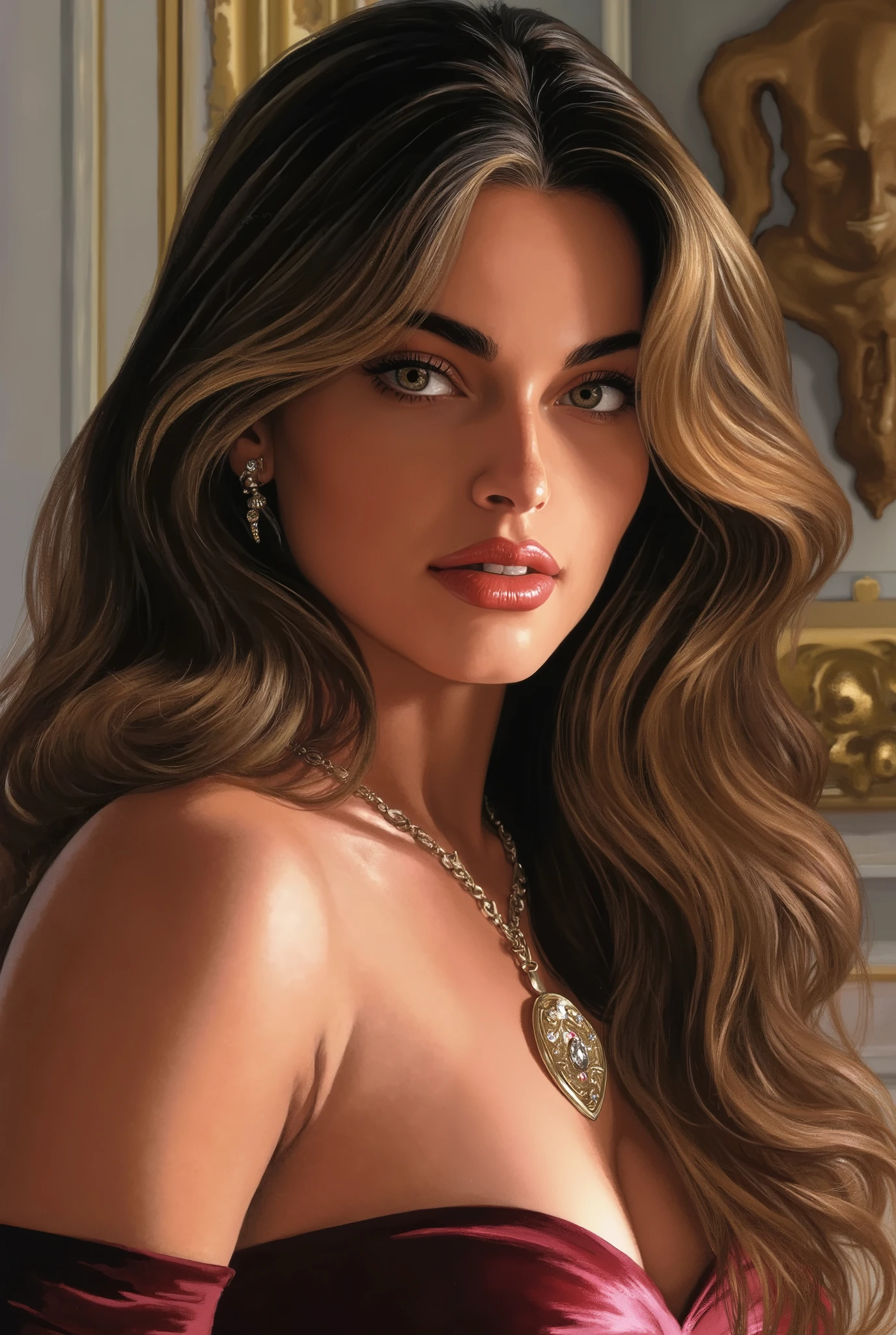 sexy izabela ion, elegant portrait, beautiful young woman, long hair, piercing eyes, seductive expression, alluring posture, intricate jewelry, luxurious clothing, ornate background, dramatic lighting,oil painting,chiaroscuro,photorealistic,cinematic,masterpiece,8K,ultra-detailed,physically-based rendering,vivid colors,dramatic atmosphere,high-fashion,beautiful