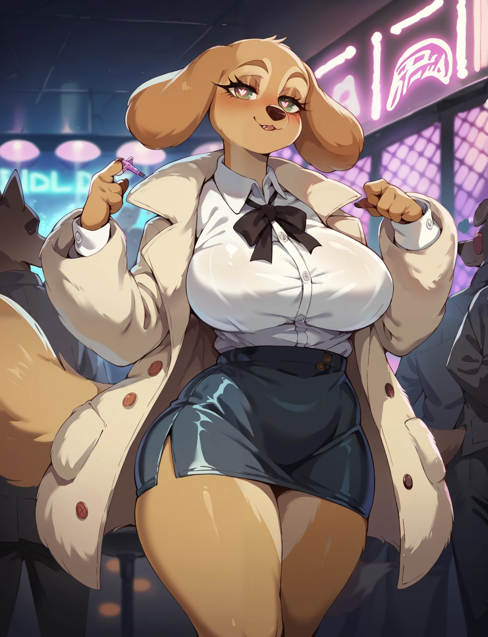 Alone , feminine, dog, soft coat, thin body pupils, source: anime, mini skirt, seductive expression, nightclub environment, anthropo, big breasts:1, wide hips