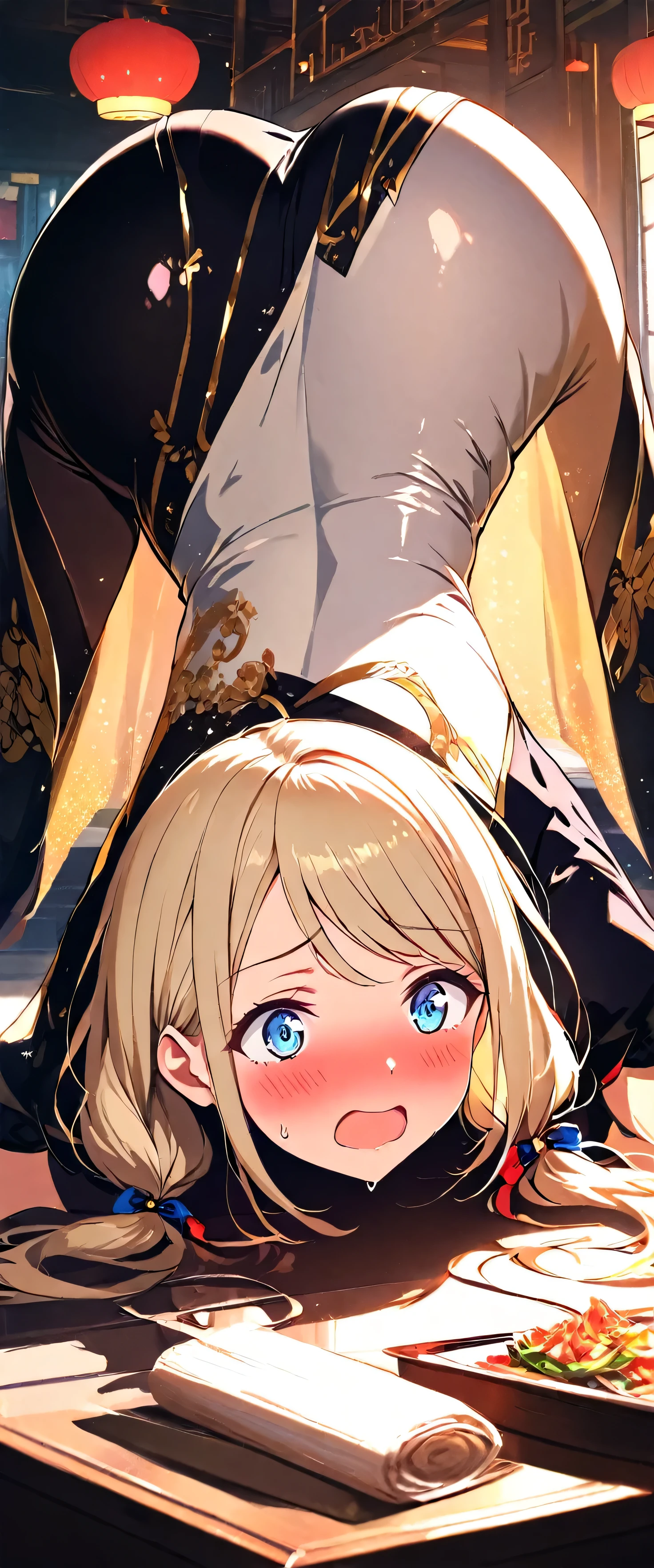 masterpiece,Please redeem,Ultra-high resolution,rich contrast,Very high quality,8k,Highly detailed CG unit wallpaper,Texture,So ridiculous,RAW Photos,anime-style illustration,professional photograph,an extremely delicate and beautiful,Depth of written boundary 1.2,(beautiful girl:1.3),Twin tails,Highly detailed blue cheongsam,blush,Sigh,(Sweat),(Big Round Ass),Glitter effect,(Surprise),Beautiful glossy lips,She fell hard and ended upside down.,She is head down,Open your mouth wide,A vibrant Chinese restaurant, dark store interior,Ayase Alisa, 1girl , blue eyes, blonde hair, long hair,is embarrassing