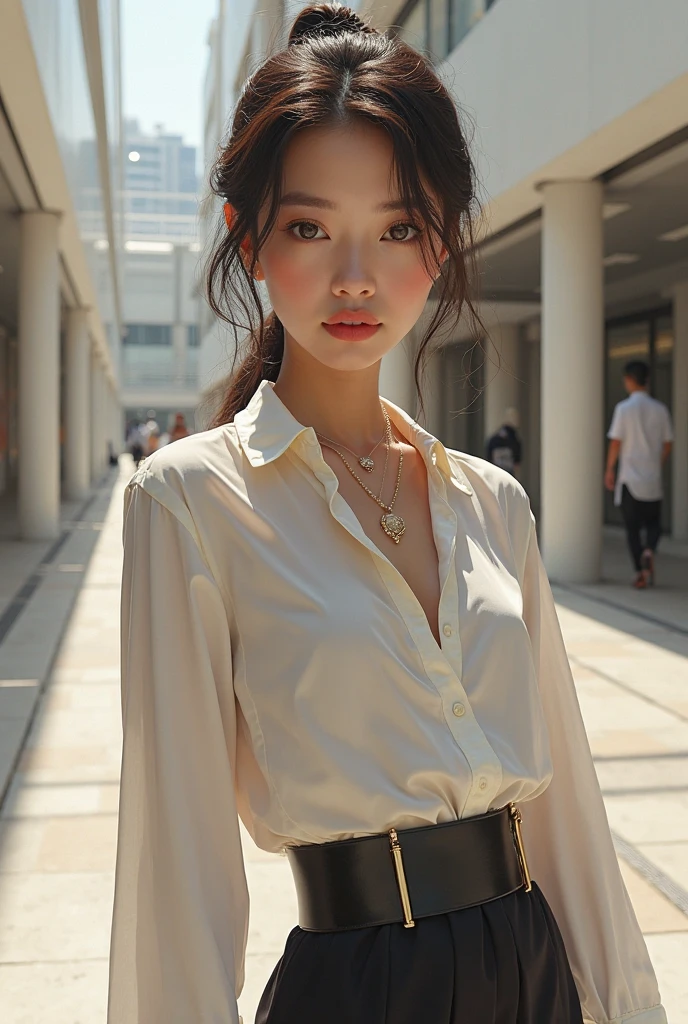 Highest quality, Very detailed, masterpiece, 1 person,Japanese women,(((Perfect female body))),Very beautiful face, Very beautiful body,Gentle expression, Very beautiful eyes,(Perfect Makeup:1.1),Fashion Model,Korean Fashion,Long Hair,Brown Hair:1.3, Big Breasts、Smart Abs,Monotone big size short sleeve shirt,Ankle Pants,necklace,anklet,Elegant pumps,A kind smile,Full body portrait,(Street background:1.3), (Glowing Skin),(Earrings),