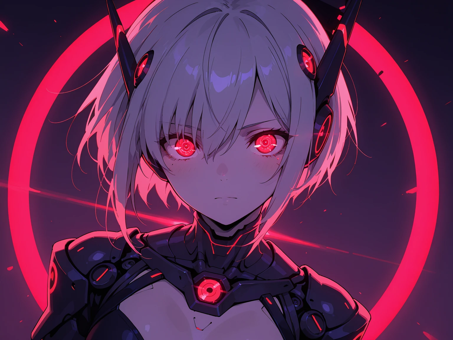 (mechanical parts:1.5),fighting , glowing eyes, short hair,torn tight supersuit, in a futuristic city, lights and neon, glowing power aura, lovely pose, dynamic view
