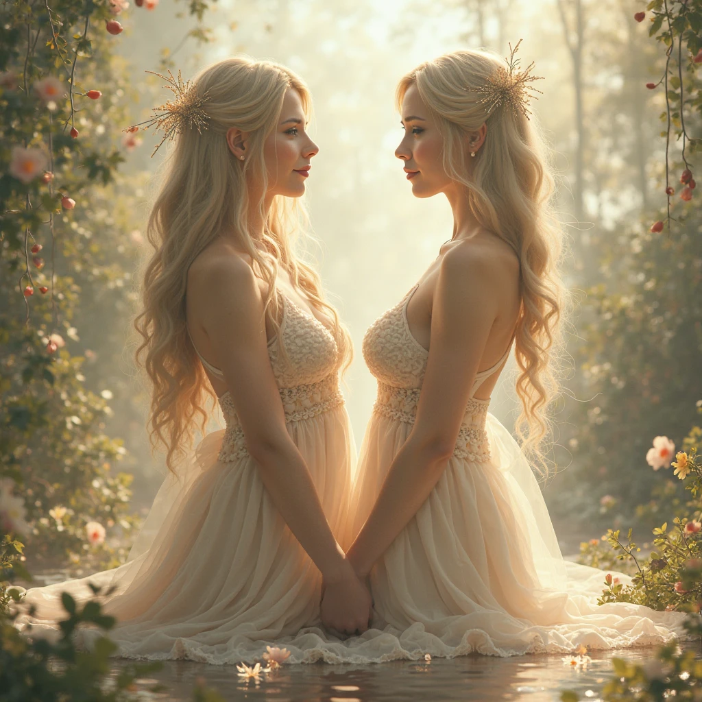 A beautiful and sexy princess and her twin sister who is her lover embracing and passionately kissing and caress ass