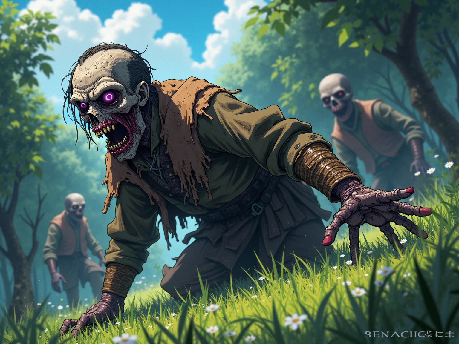 A lush, colorful garden, overgrown plants battling against an army of zombies, (best quality,4k,8k,highres,masterpiece:1.2),ultra-detailed,vibrant colors, 2D illustration, dynamic composition, intricate details, horror, fantasy, post-apocalyptic, warm lighting, detailed foliage, twisted vines, grasping zombie hands, menacing expressions, strategic gameplay elements