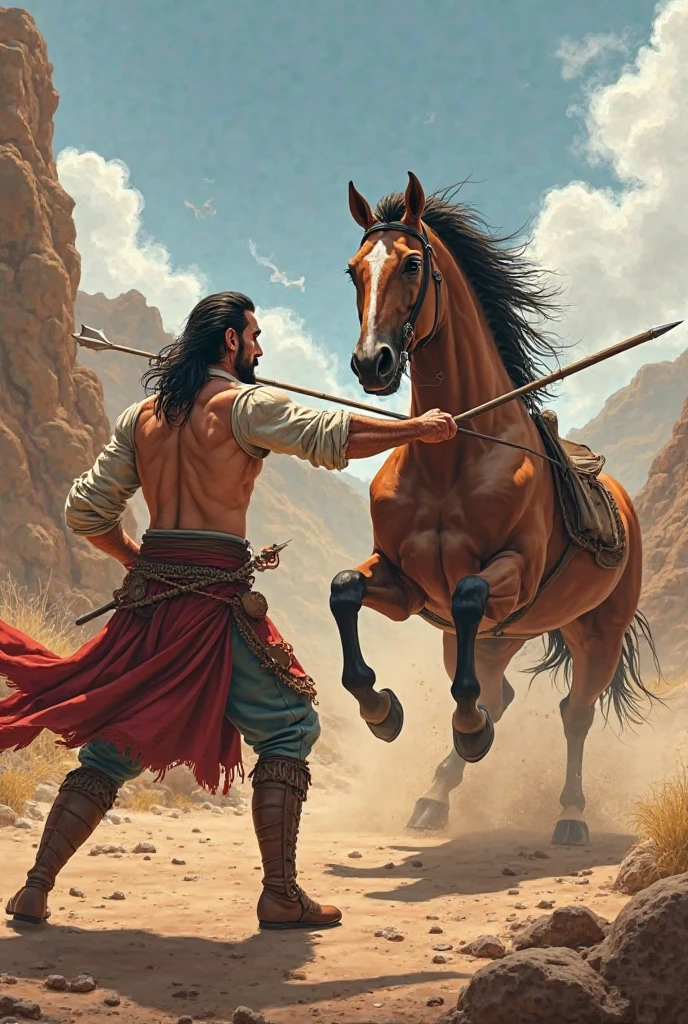 Man fighting a horse that didn't respect him, bald man with a haggard face