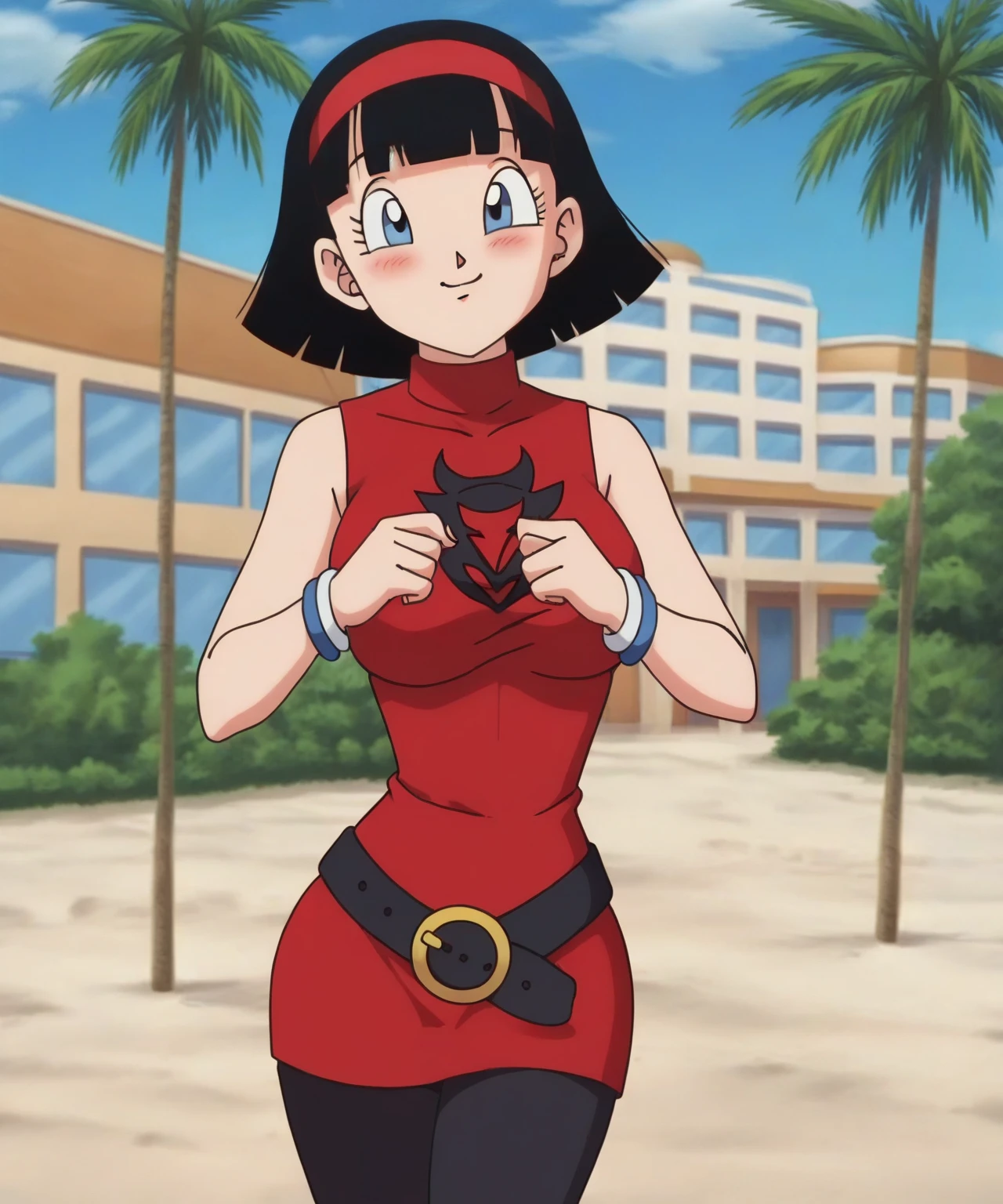 red-haired superwoman posing in front of a city skyline, perfect body, highly detailed giantess shot, sfw large breasts, giantess art, smug smile