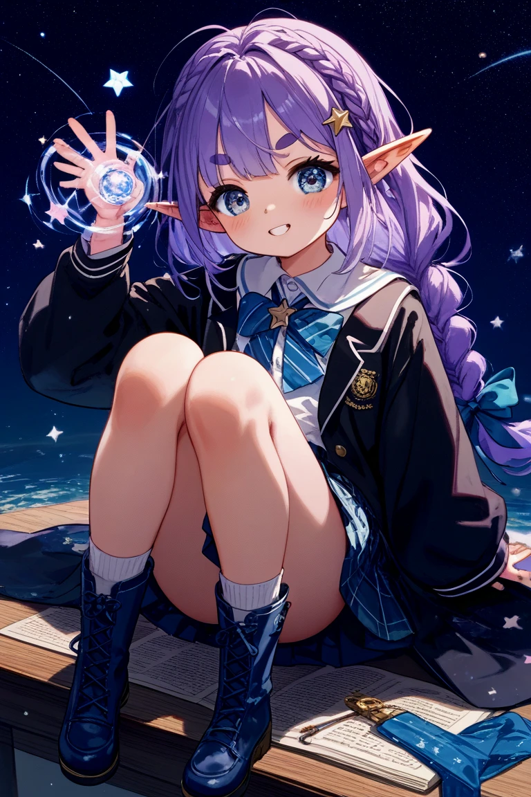 (best quality+masterpiece), Kishirika climbing a staircase with the starry sky around, night landscape, bright stars, high-contrast, bokeh effect, sharp focus on Kishirika.