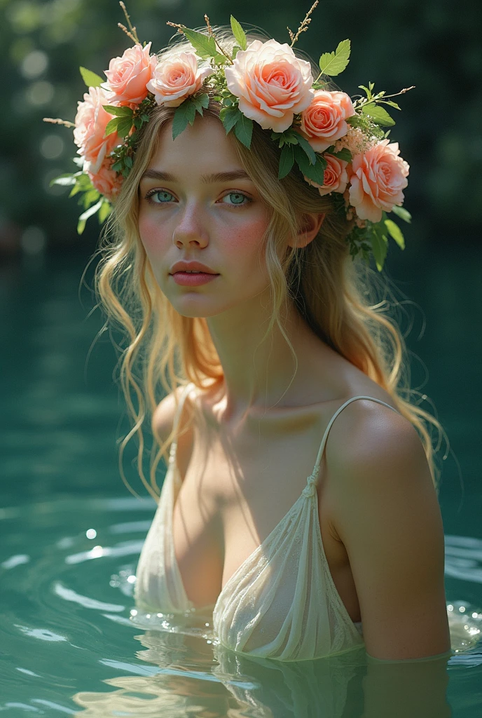 forest lily pond, ginger woman relaxing in water, nervous expression, upper body portrait, sheer white cloth, natural, flower crown, eyes contact, scenic, summer, shallow depth of field, vignette, highly detailed, high budget Hollywood film, bokeh, cinemascope, moody, epic, gorgeous, film grain