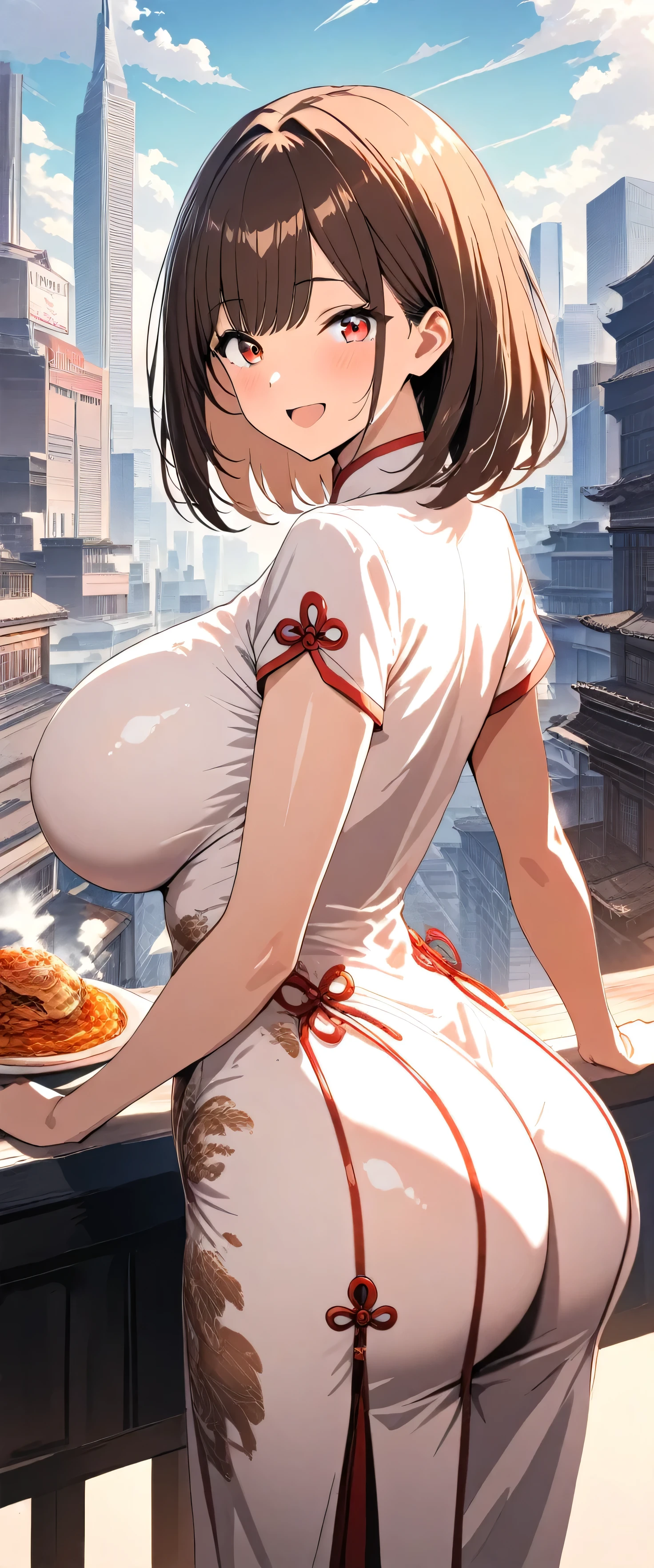 masterpiece,Please redeem,Ultra-high resolution,rich contrast,Very high quality,8k,Highly detailed CG unit wallpaper,Texture,So ridiculous,RAW Photos,anime-style illustration,professional photograph,an extremely delicate and beautiful,Depth of written boundary 1.2,(beautiful girl:1.3),red eyes,(Straight bangs,Medium Hair,brown hair),Highly detailed cheongsam,Looks about,Huge buildings,metropolis,The girl is a delivery girl who delivers Chinese food to customers,Steam from cooking,Big Round Ass,Booty pose,Fujisaki Shiori,smile,and open your mouth wide,(big breasts:1.3),