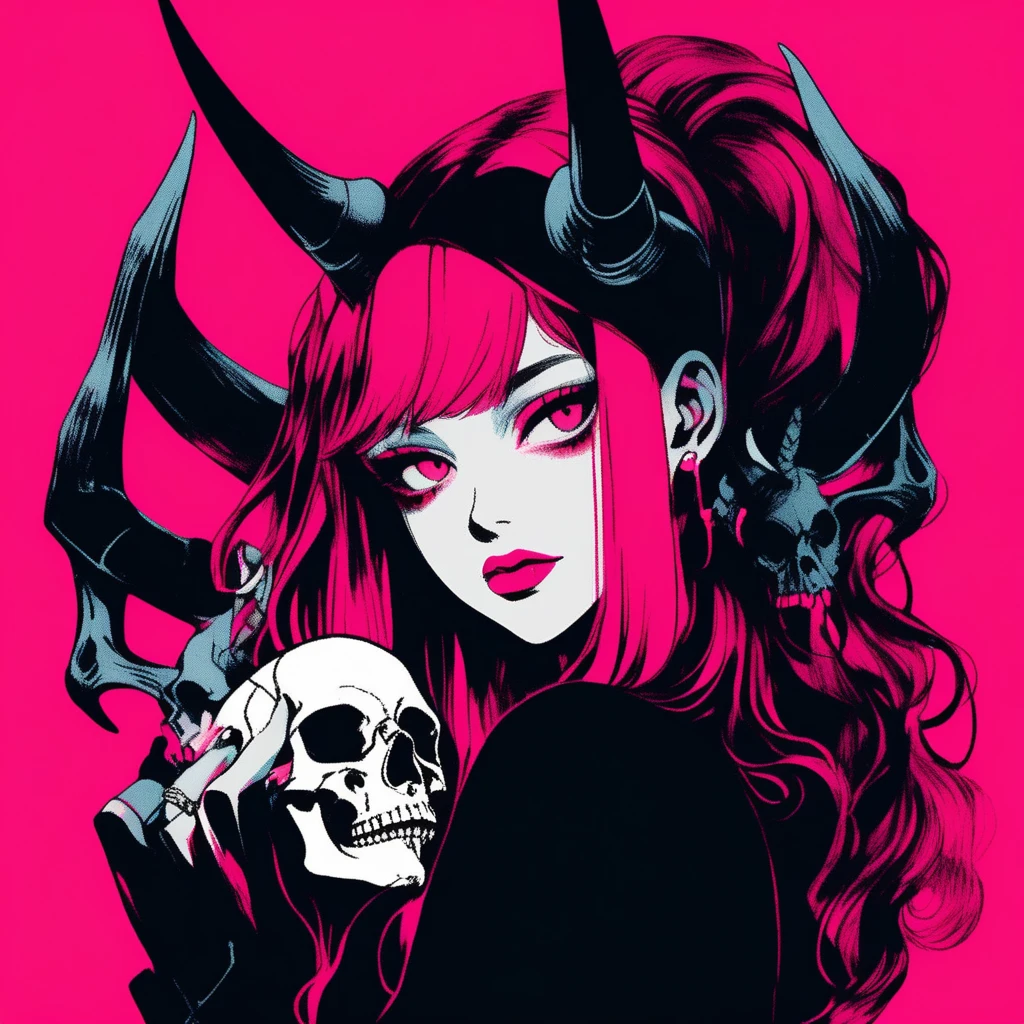 1 adult woman、red hair、very long hair、2 small horns、devil(best quality, sketch:1.2),realistic,illustrator,holding a skull in one hand,detailed lips, ,custom, (background dark monochrome),Neon Hair,texture cropping, masterpiece, Retro Classic Style, Noir Dark, art, sketch book, (:1.75 Neon:1.32), Bad Girl , dark shadow