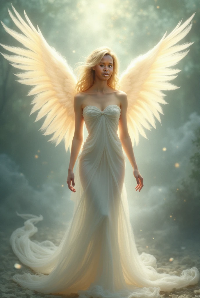 high quality, highly detailed, Imagine a dreamlike scene with a beautifull female angel, she have Golden blonde hair and white longe wings. Longe silver dress and she have powerfull aura, she have Green eyes and gently aspect, Celestia. Full body portrait 