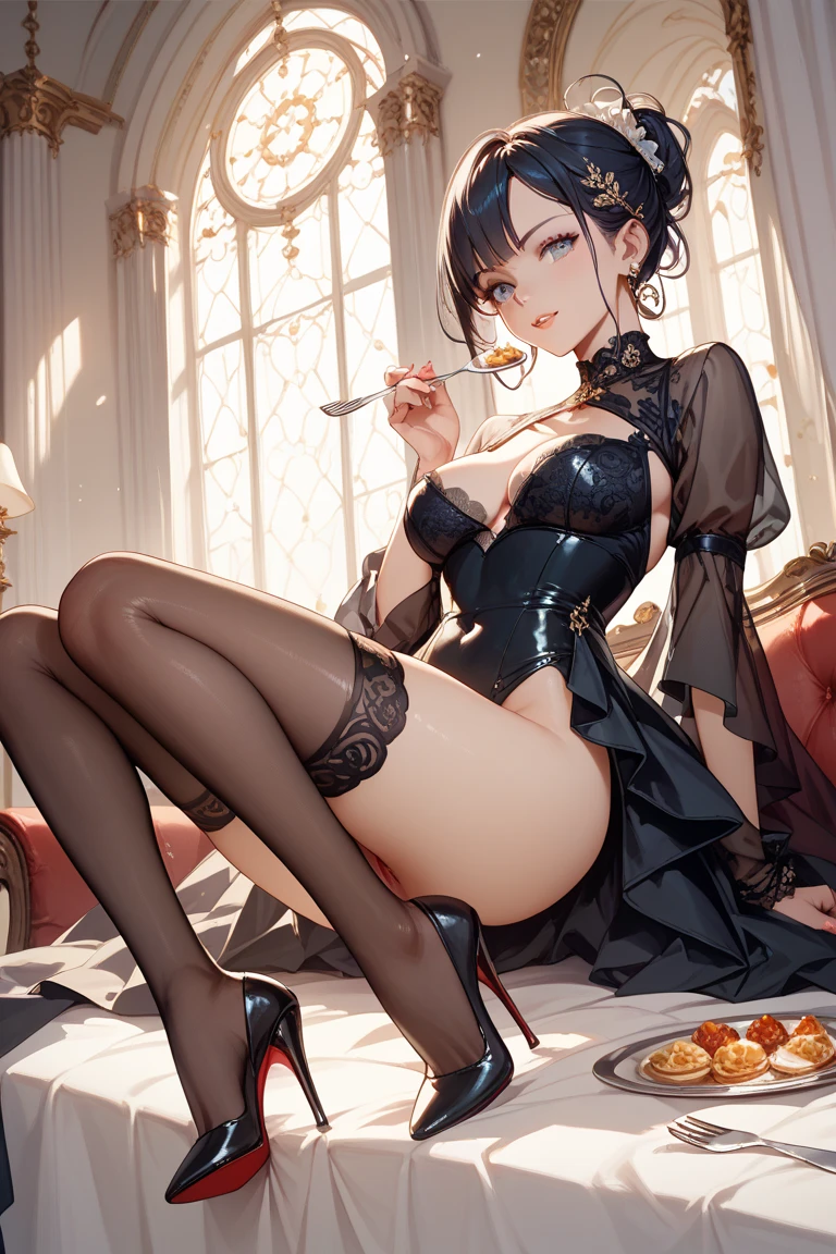 Beautiful Asian woman, brown hair, hair bun, purple string panties, choker, high heels, eating a dessert, messy, sexy