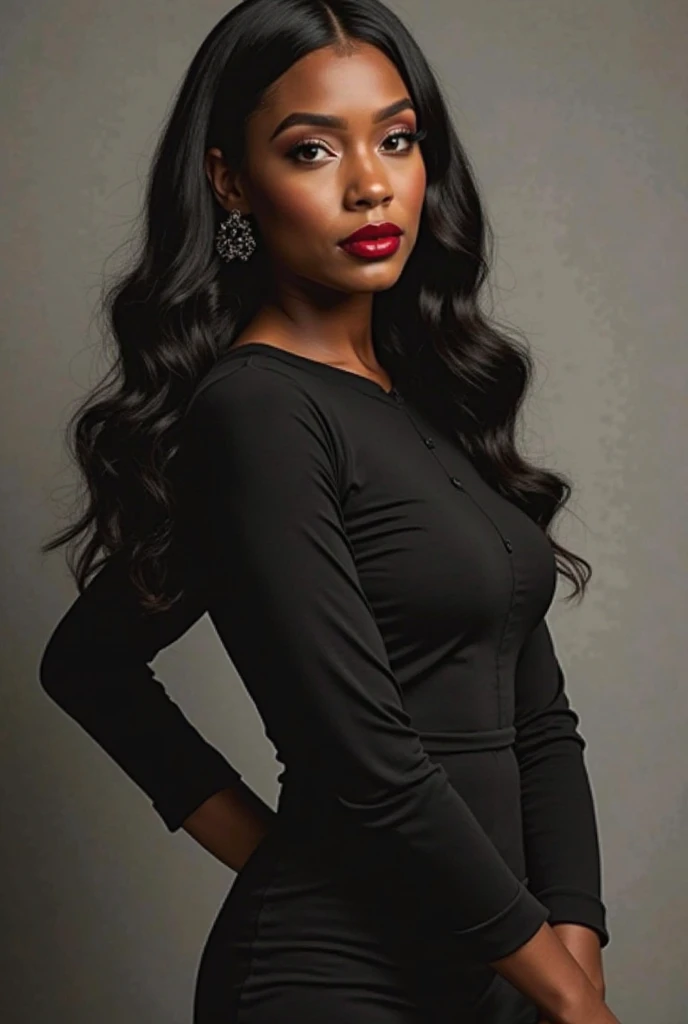 Dark-skinned woman, Dark complexion, black skin, ebony skin, long wavy hair, black hair, perfect skin, seductive look,