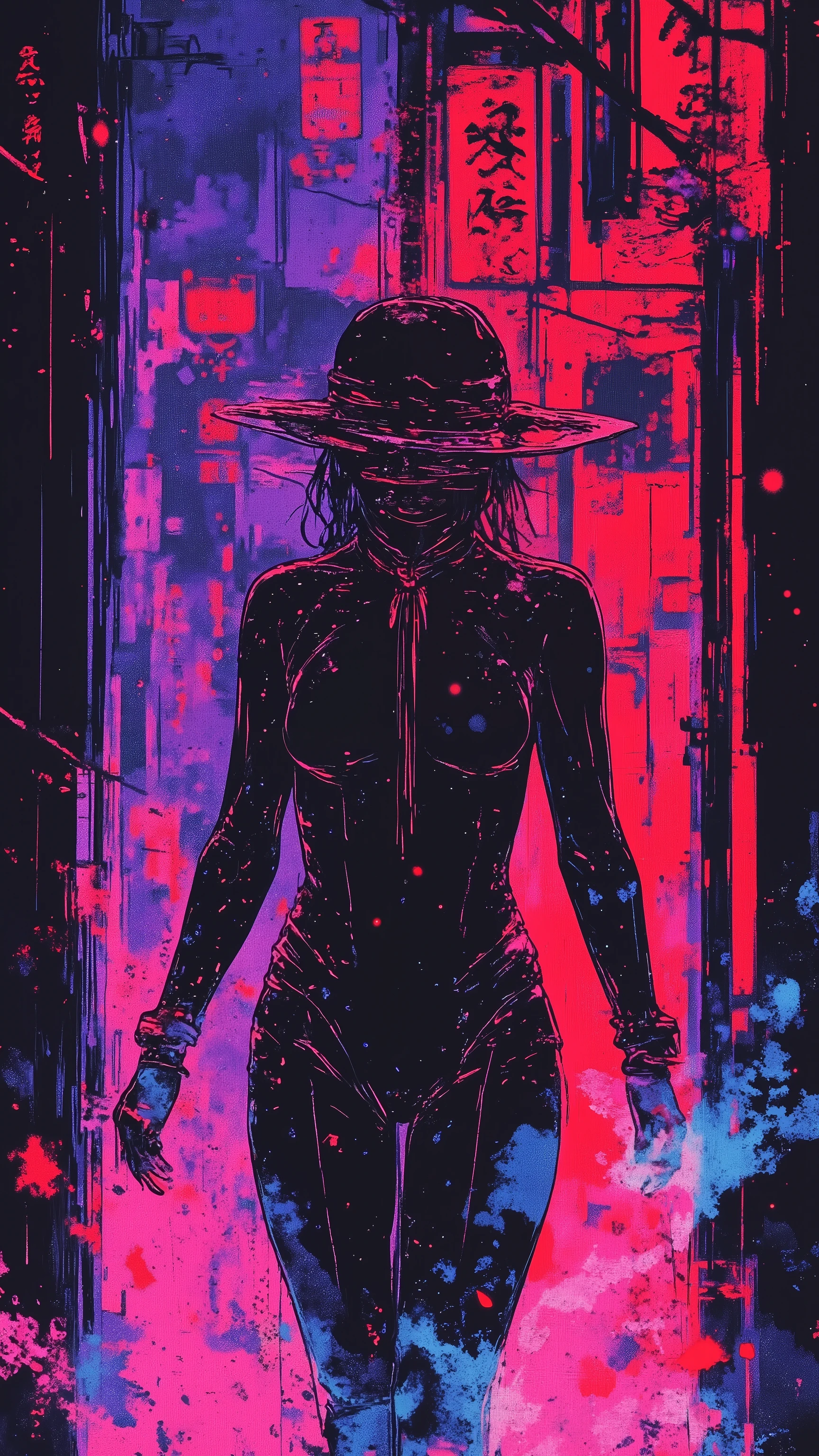 top-quality))、((masterpiece)、cyberpunked、young korean catgirl, revealing cyberpunk clothing, purples, blues, reds, (andy warhol), illustrated anime, retro style classic, no background, neon colorsplash background, glitter dust, ethereal, shiny skin,