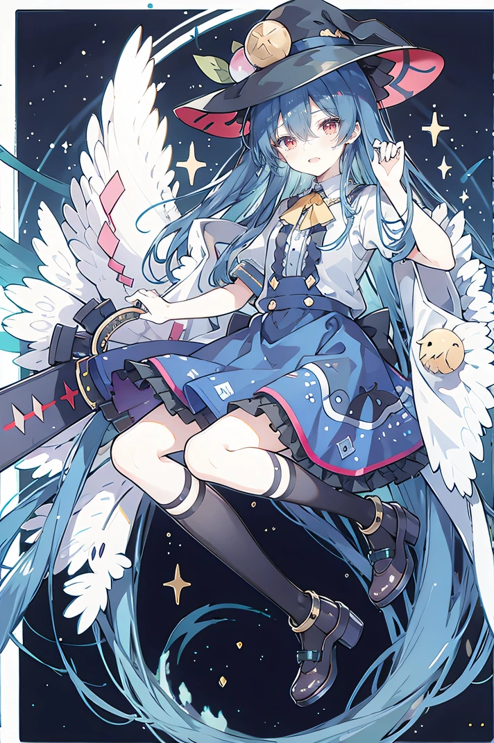 young girl,human nature,   Magician Smile forever  ,  Big Witch Hat  ,cute,tall cool girl with dark blue long hair,  Eyes Stuck   ,   Weight Navigation   ,  Thin eyebrows, fantasy,Entrance ,double row of teeth,  Star Theme   ,  Constellation pattern  ,   Solid Color Costume Decoration   ,cloak,   dark atmosphere   ,  Slightly Crazy Smile  , Night Australia Outdoor Photo,[[Blood,   Hair Black Star Decoration   ,[ [ Short Tie  ,   Iron Pin   ,High waist skirt,  Pendant Sleeve    ,long sleeve shirt,  black collar  ,  Low Risk  ,gentleman。Rubbish 、   Yellow and White Effect   ，   Shocking Pink ，night,   Meniscus  , 《hands, two feet，   Loaded  。