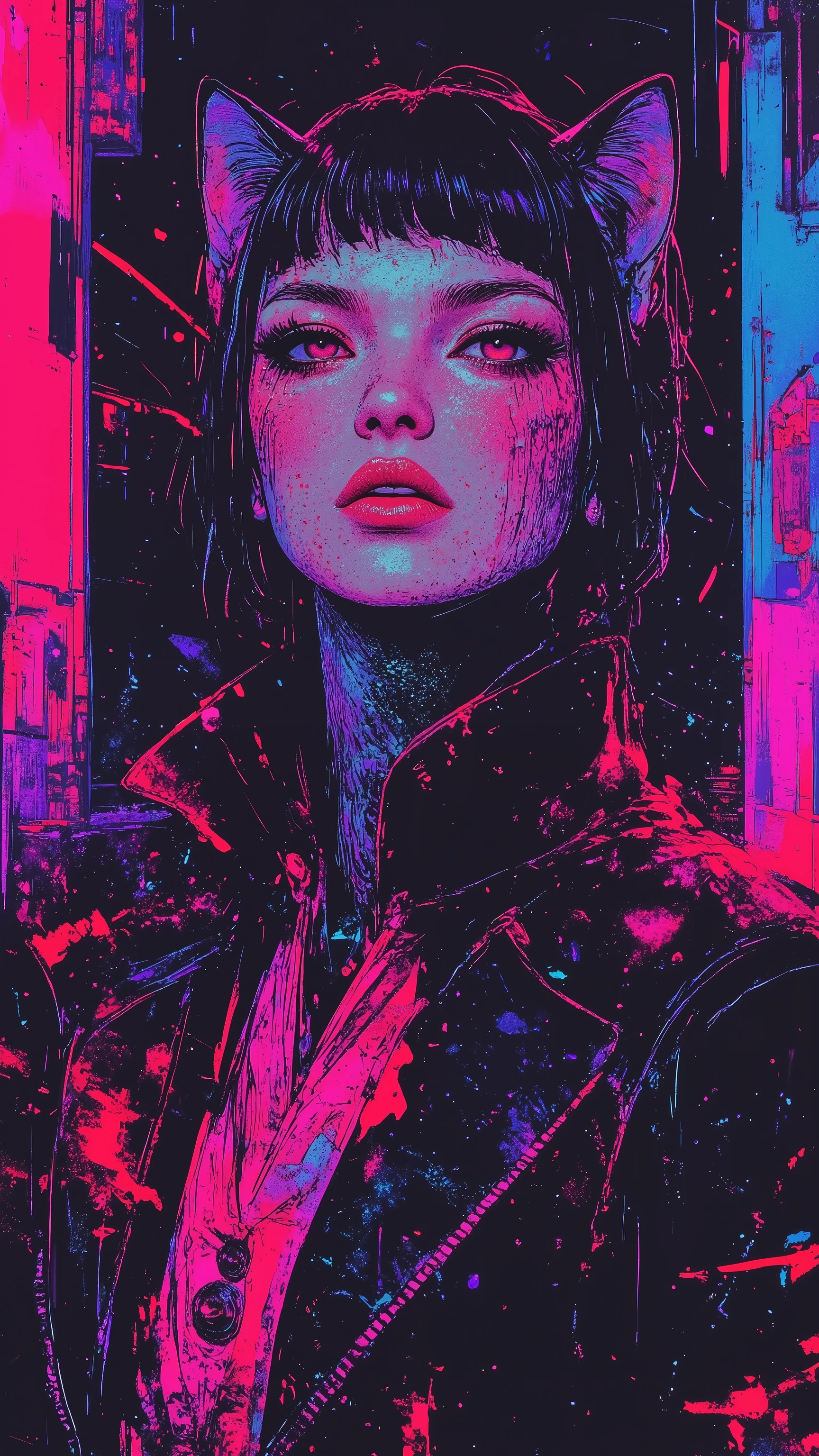 top-quality))、((masterpiece)、cyberpunked、korean catgirl, revealing cyberpunk clothing, purples, blues, reds, (andy warhol), illustrated anime, retro style classic, no background, neon colorsplash background, glitter dust, ethereal, shiny skin,