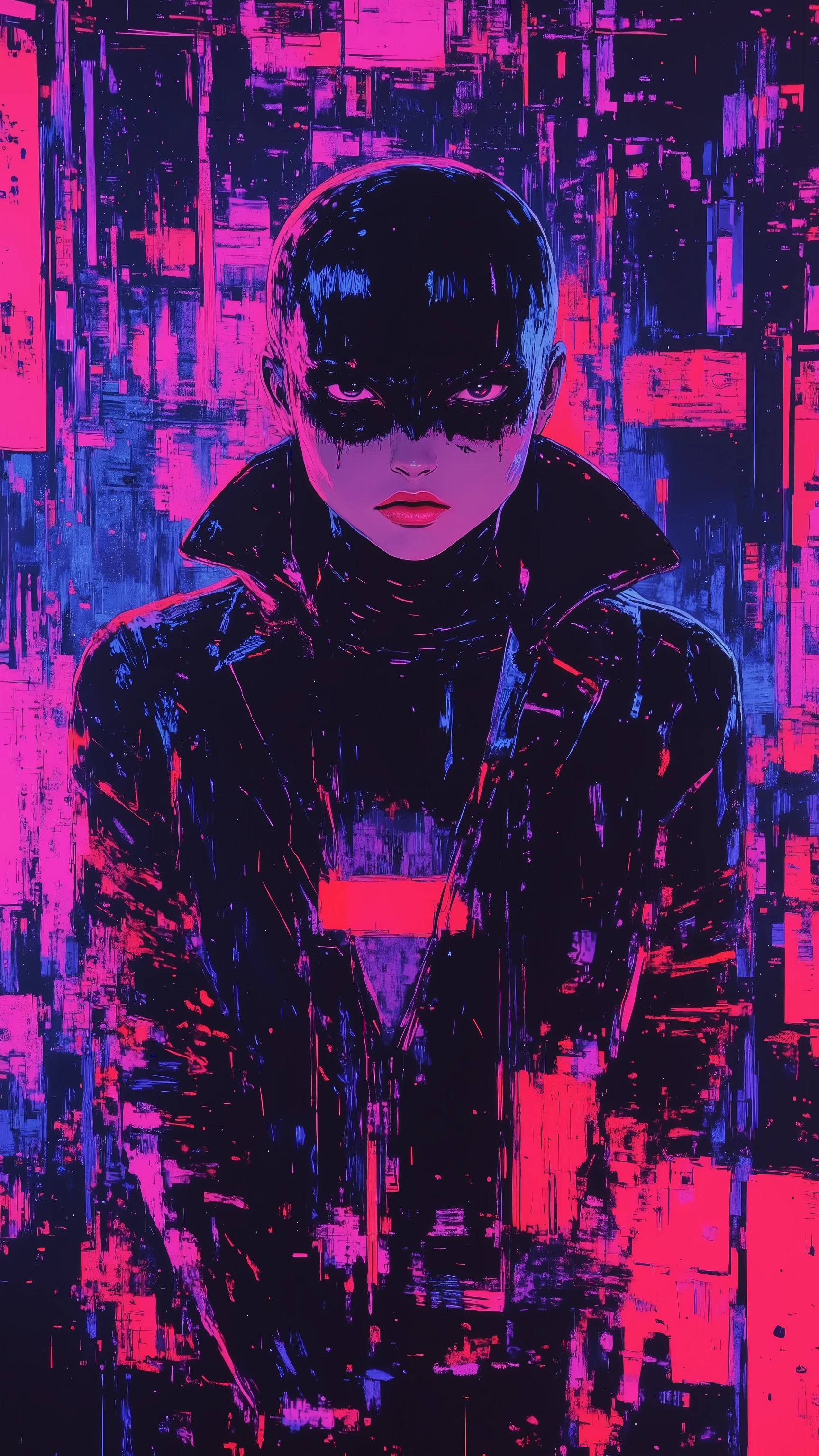top-quality))、((masterpiece)、cyberpunked、korean catgirl, revealing cyberpunk clothing, purples, blues, reds, (andy warhol), illustrated anime, retro style classic, no background, neon colorsplash background, glitter dust, ethereal, shiny skin,