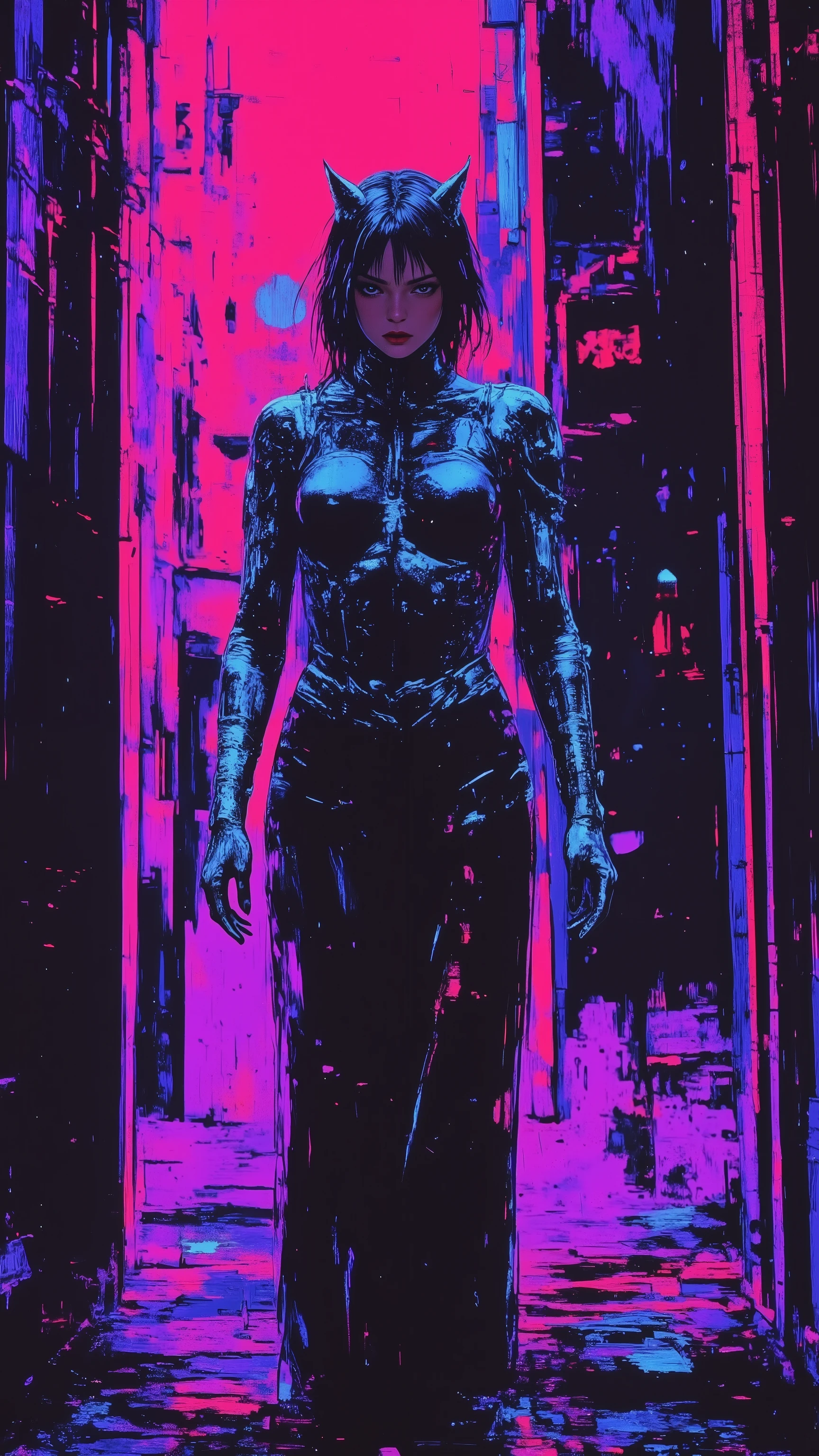 top-quality))、((masterpiece)、cyberpunked、korean catgirl, revealing cyberpunk clothing, purples, blues, reds, (andy warhol), illustrated anime, retro style classic, no background, neon colorsplash background, glitter dust, ethereal, shiny skin,