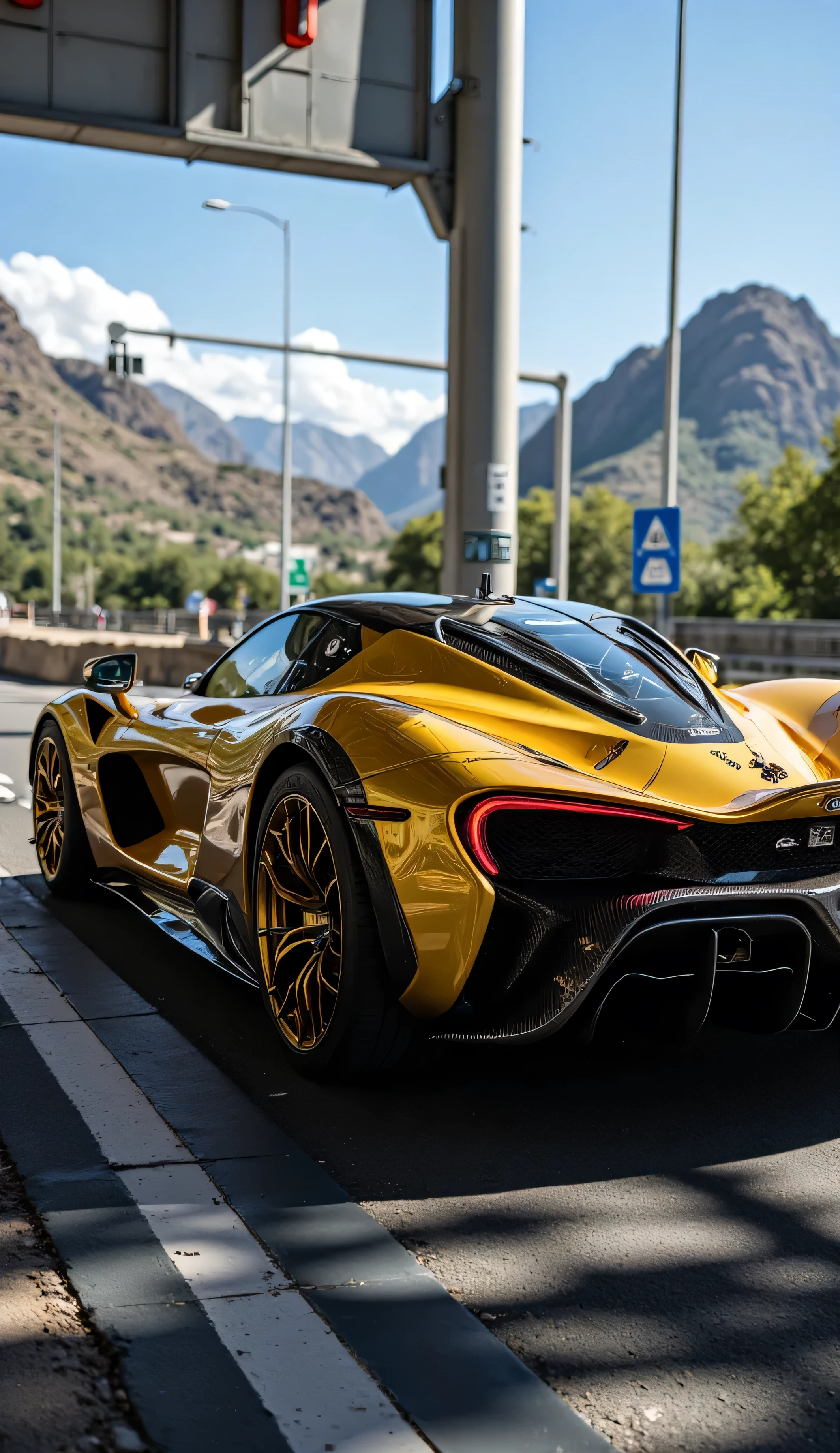"Luxury Sports Car, Aerodynamic Design, Carbon Fiber, Metallic Golden, Slender Headlights, Bright Alloy Wheels, High-Quality Tires, Elevated Spoiler, Twin Exhausts. Highway. Elegant Rear Lighting, Hyper-realistic, Professional Photography, High Resolution, Photorealistic, 8K, HDR-10, Cinematic, Cinematic Lighting, Dynamic Composition, Angled View, Impressive Details, Powerful Engine, Expensive, High-End, Exclusive, Elegant, Sophisticated, Luxurious, Premium Quality, Studio Lighting, Sharp Focus, Physically Based Rendering, Vibrant Colors, Reflective Surfaces, Bright Chrome Details, Powerful and Captivating Presence."