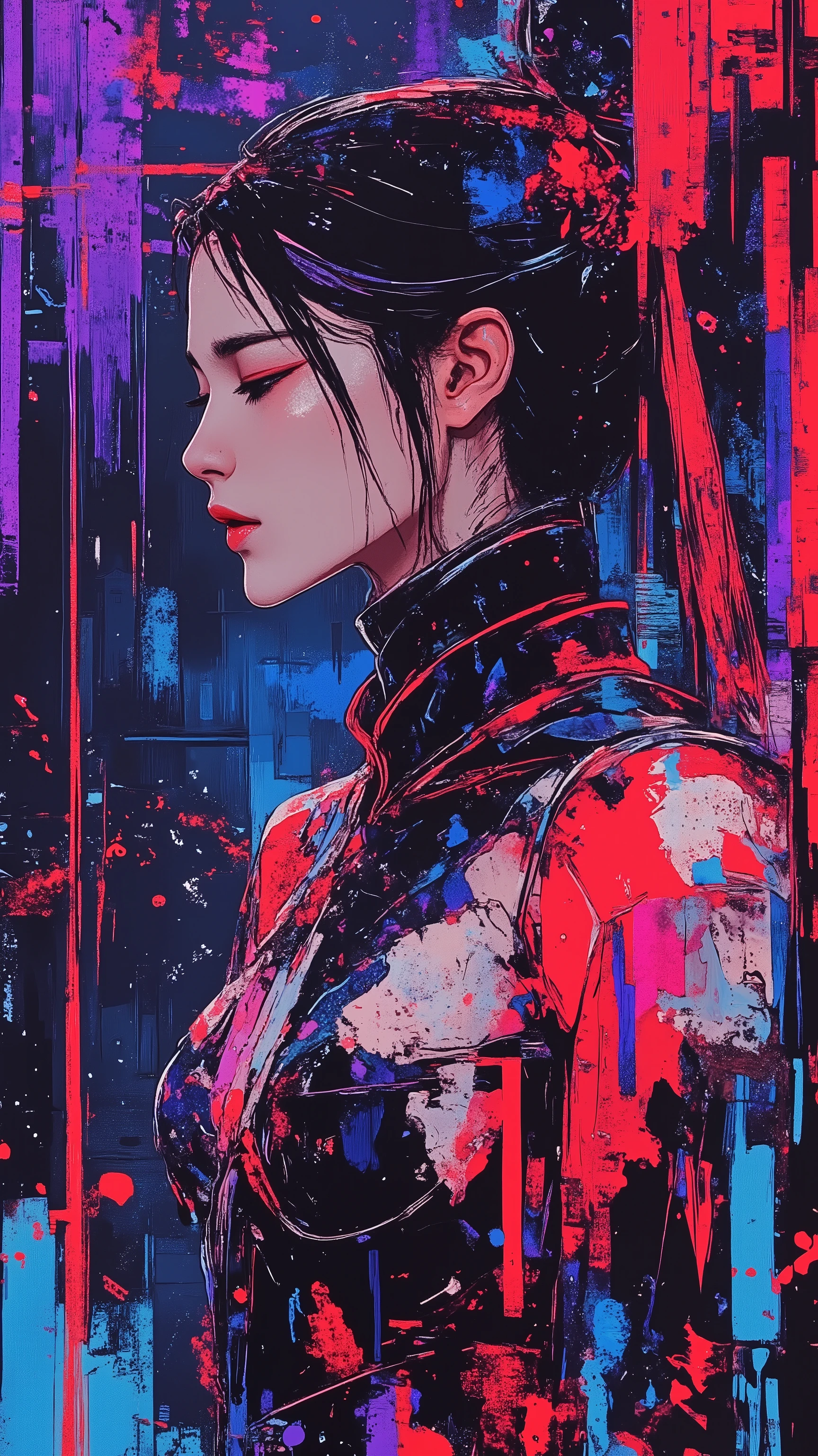 top-quality))、((masterpiece)、cyberpunked、young korean catgirl, revealing cyberpunk clothing, purples, blues, reds, (andy warhol), illustrated anime, retro style classic, no background, neon colorsplash background, glitter dust, ethereal, shiny skin,
