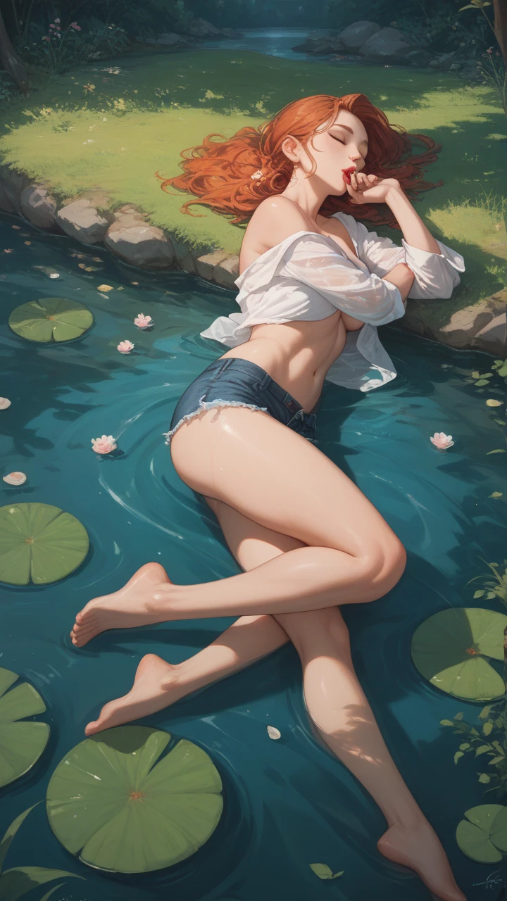 watercolor painting a young woman, perfect body, spring flowers, oil, sunset, Modernismo, Rule of thirds perspective, Documentary scene and feet --auto --s2