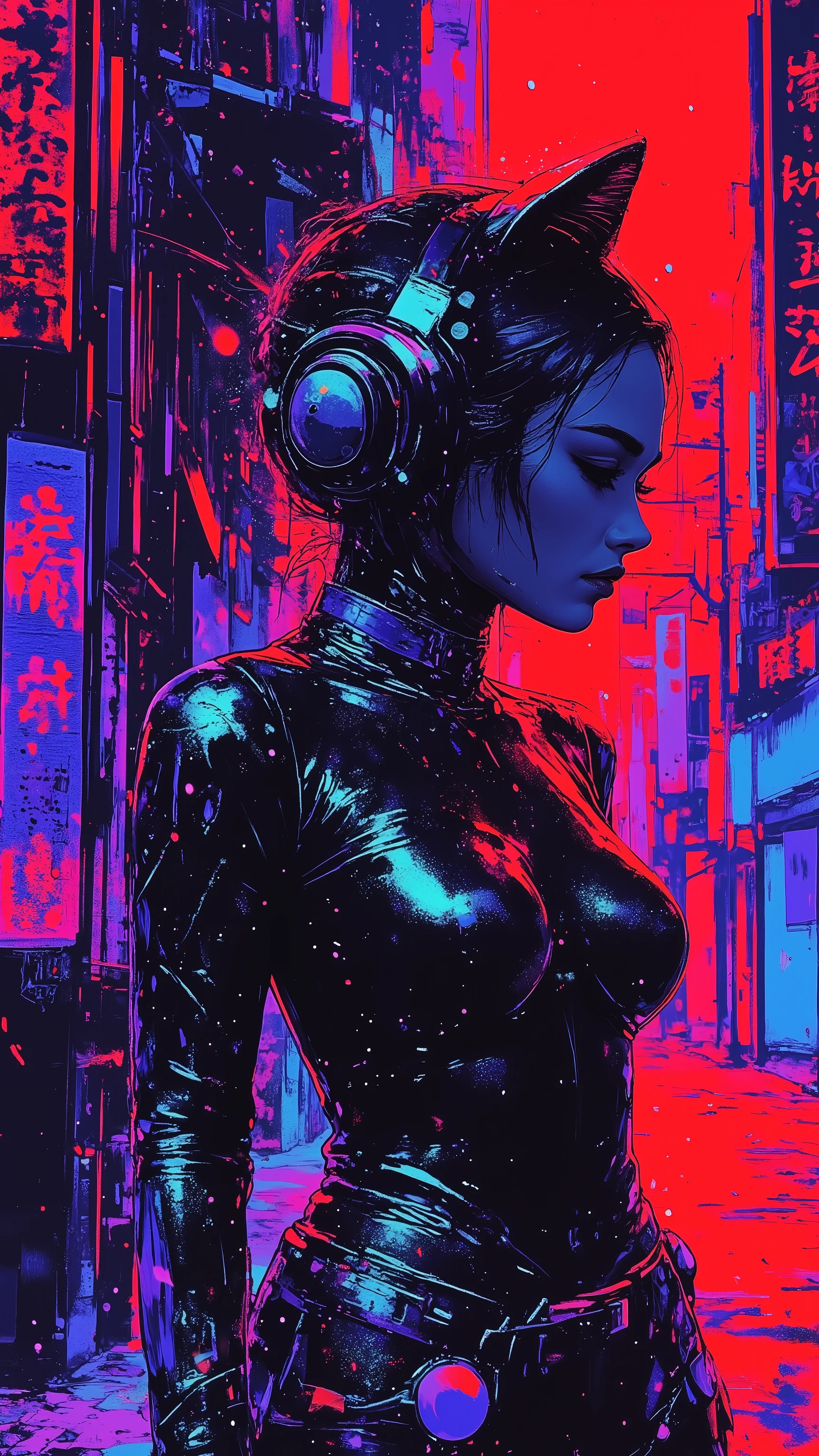 top-quality))、((masterpiece)、cyberpunked、young korean catgirl, revealing cyberpunk clothing, purples, blues, reds, (andy warhol), illustrated anime, retro style classic, no background, neon colorsplash background, glitter dust, ethereal, shiny skin,