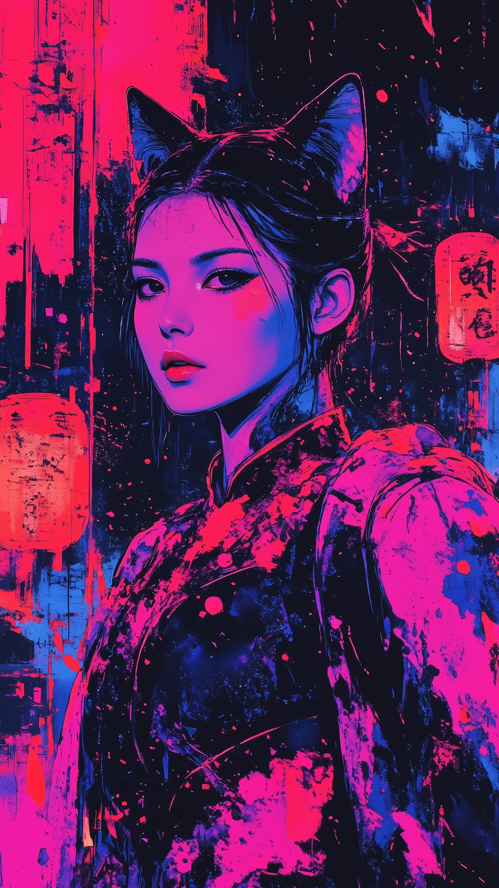 top-quality))、((masterpiece)、cyberpunked、korean girl, cat ears, revealing cyberpunk clothing, purples, blues, reds, (andy warhol), illustrated anime, retro style classic, no background, neon colorsplash background, glitter dust, ethereal, shiny skin,