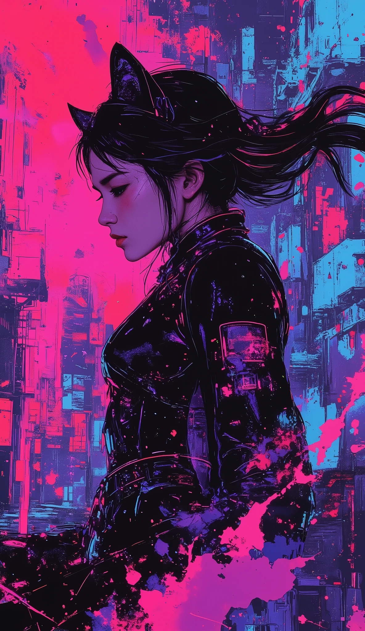 top-quality))、((masterpiece)、cyberpunked、young korean catgirl, revealing cyberpunk clothing, purples, blues, reds, (andy warhol), illustrated anime, retro style classic, no background, neon colorsplash background, glitter dust, ethereal, shiny skin,