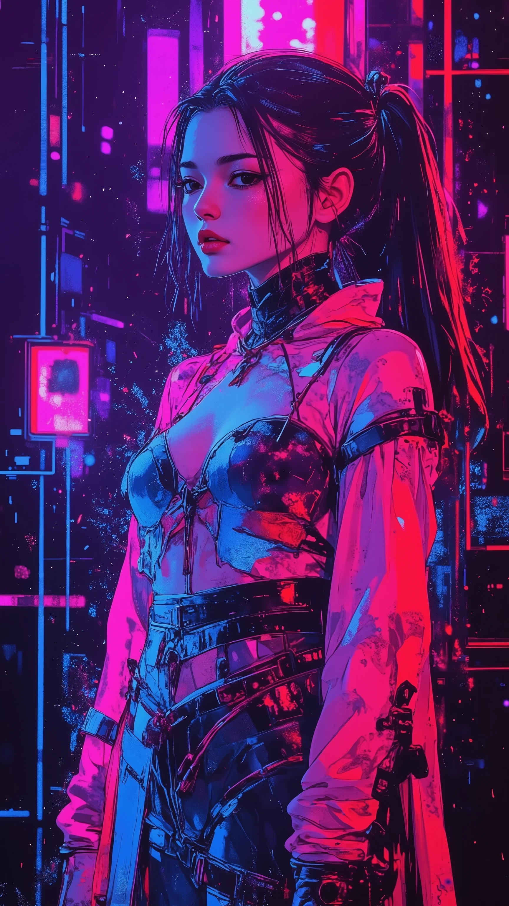 top-quality))、((masterpiece)、cyberpunked、young korean catgirl, revealing cyberpunk clothing, purples, blues, reds, (andy warhol), illustrated anime, retro style classic, no background, neon colorsplash background, glitter dust, ethereal, shiny skin,