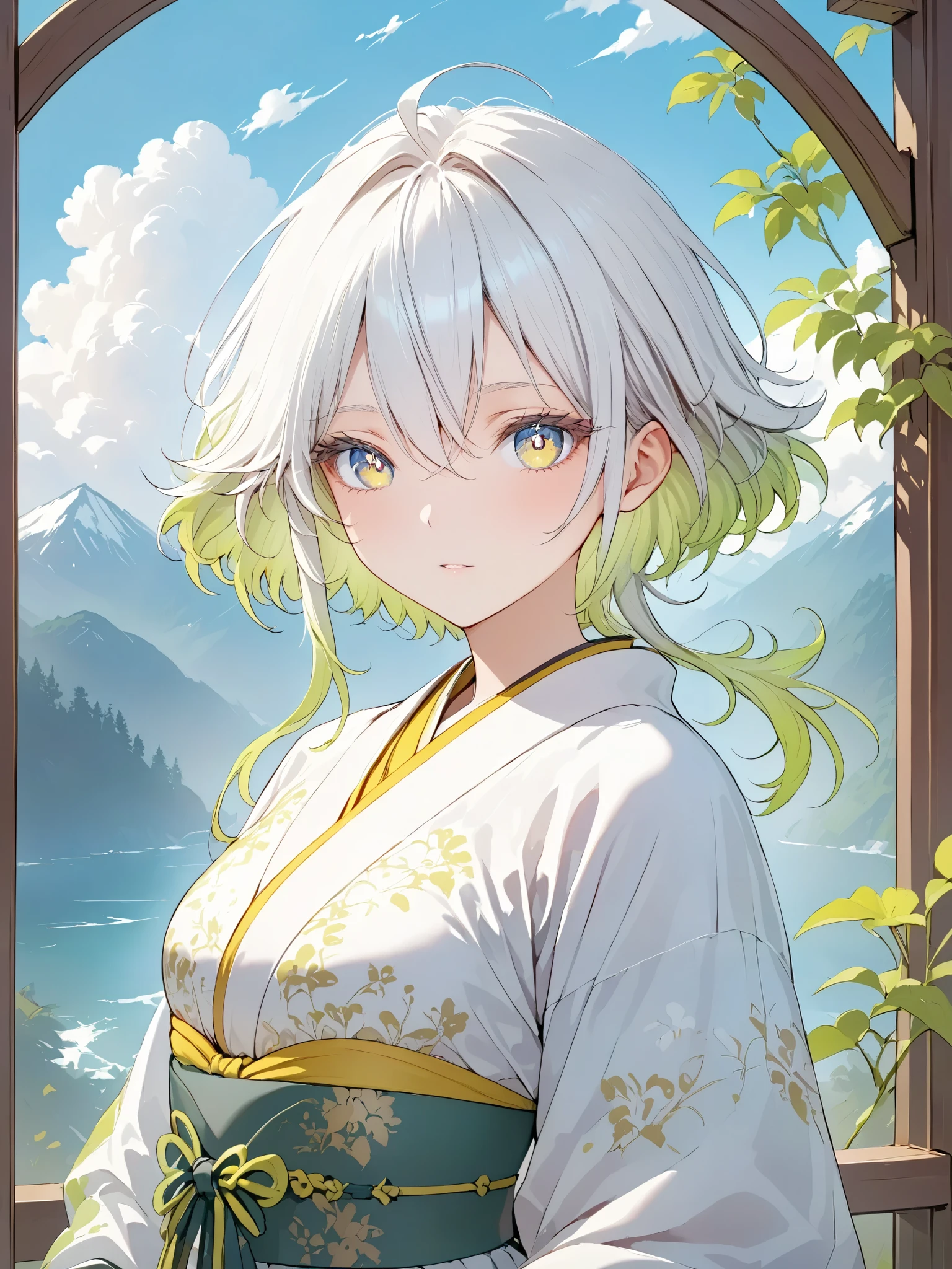 Anime girl with white hair and green eyes standing in front of a window ...