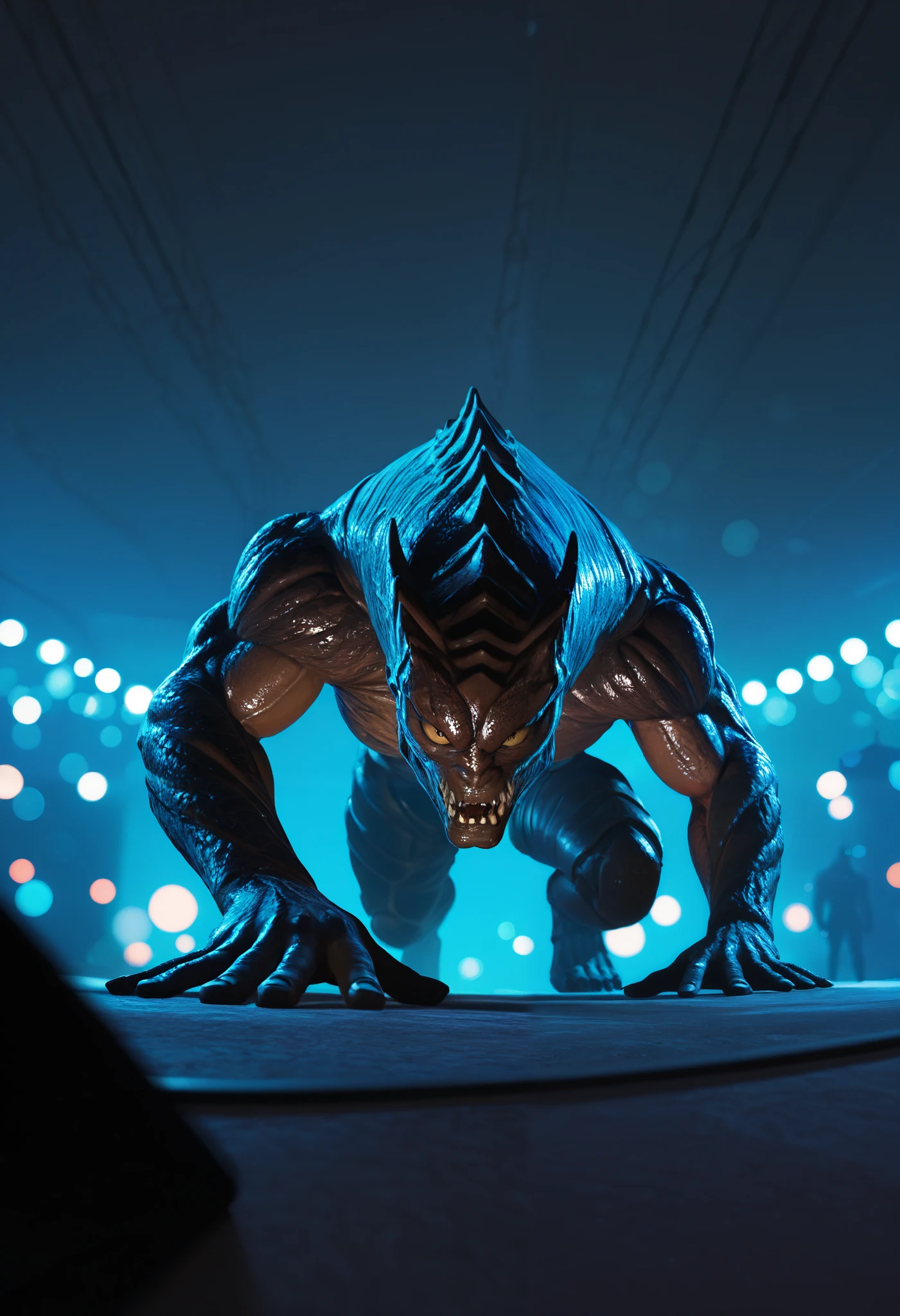 Giant alien, Colossal, depth of field, perspective, giant dimensions, 3D model, best quality, 8K, masterpiece, ultra-detailed, realistic, photorealistic, hdr, studio lighting , extreme detail description, vivid colors, bokeh, fantastic scenery, science fiction, mixed media , oil painting, dramatic composition, dramatic lighting, Shadow contrast, dark color palette, eerie atmosphere, Imposing alien, criatura Colossal, perspective abrumadora, amazing dimensions, 3D model hiperrealista