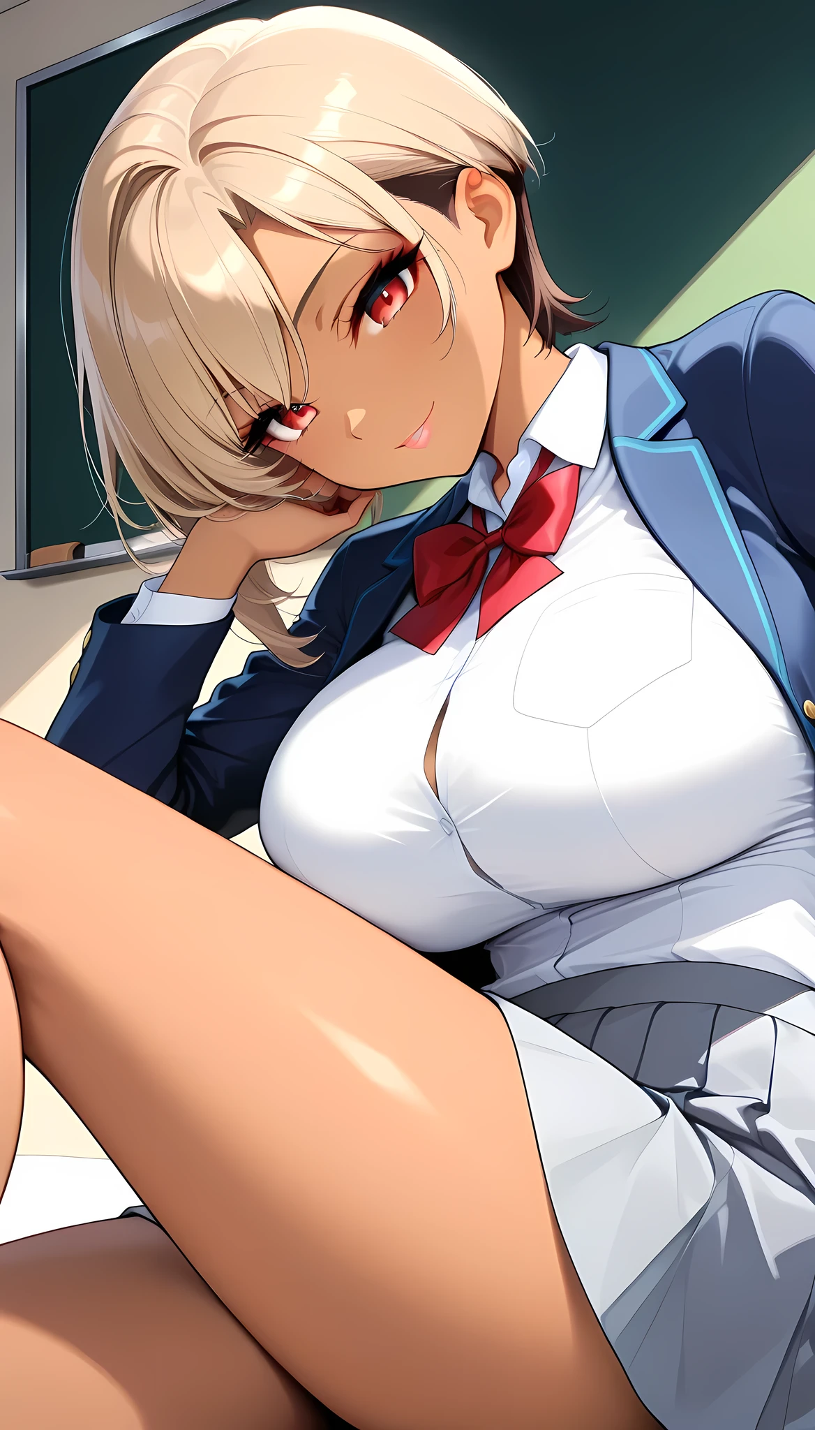 1 female, (Mirai Edosaki, brown skin:1.6, red eyes), Kamigami, Hug your legs, sit, light brown hair, short hair, undercut, asymmetrical hair, beautiful eyes, beautiful lips, very detailed目と顔, long eyelashes, beautiful big breasts, ( navy blue blazer, shirt, Red bowtie, gray pleated skirt, beautiful big breasts, cowboy shot hiding underarms, beautiful thighs, (( school background, machine, chairs, blackboard )), (top quality:1.2, very detailed, CG illustration, soft focus, masterpiece:1.2, Aesthetics at its best),
