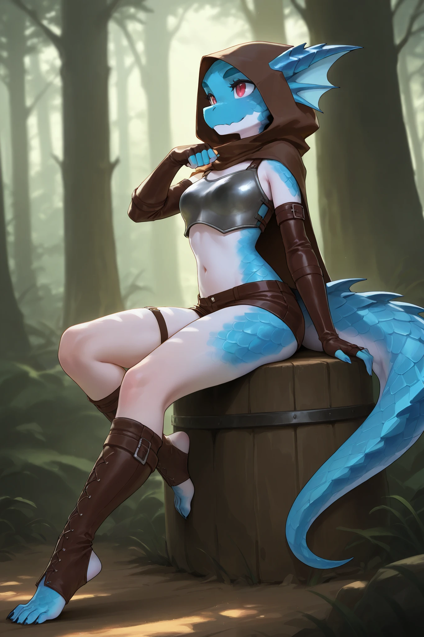 Kobold, female, long, pointed scales, sexy, leather and steel adventurer set, a long falchion at waist, normal breasts, cyan kobold, in a forest, steel breastplate, leather elbow gloves, leather mini shorts, high leg shorts, cloak, fingerless gloves, small hut at back, long leather leg wear, bare feet, sexy cool pose, open tummy, sitting on a mossy rock, sunny, dynamic lighting, long legs, cyan tan, looking at wiever, leg wear, cyan scales, thicc legs
