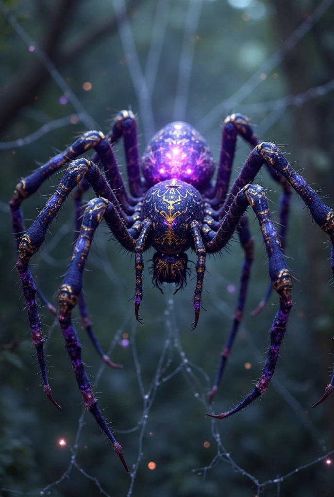 (medium full shot) of (eerie spider) with a purple patterned exoskeleton, large size, smooth legs , glowing web with geometric patterns, decorative web, located in a dense forest, with thick webs hanging from branches, eerie shadows, and a foggy ambiance, during twilight, ,Masterpiece,best quality, raw photo, realistic, very aesthetic