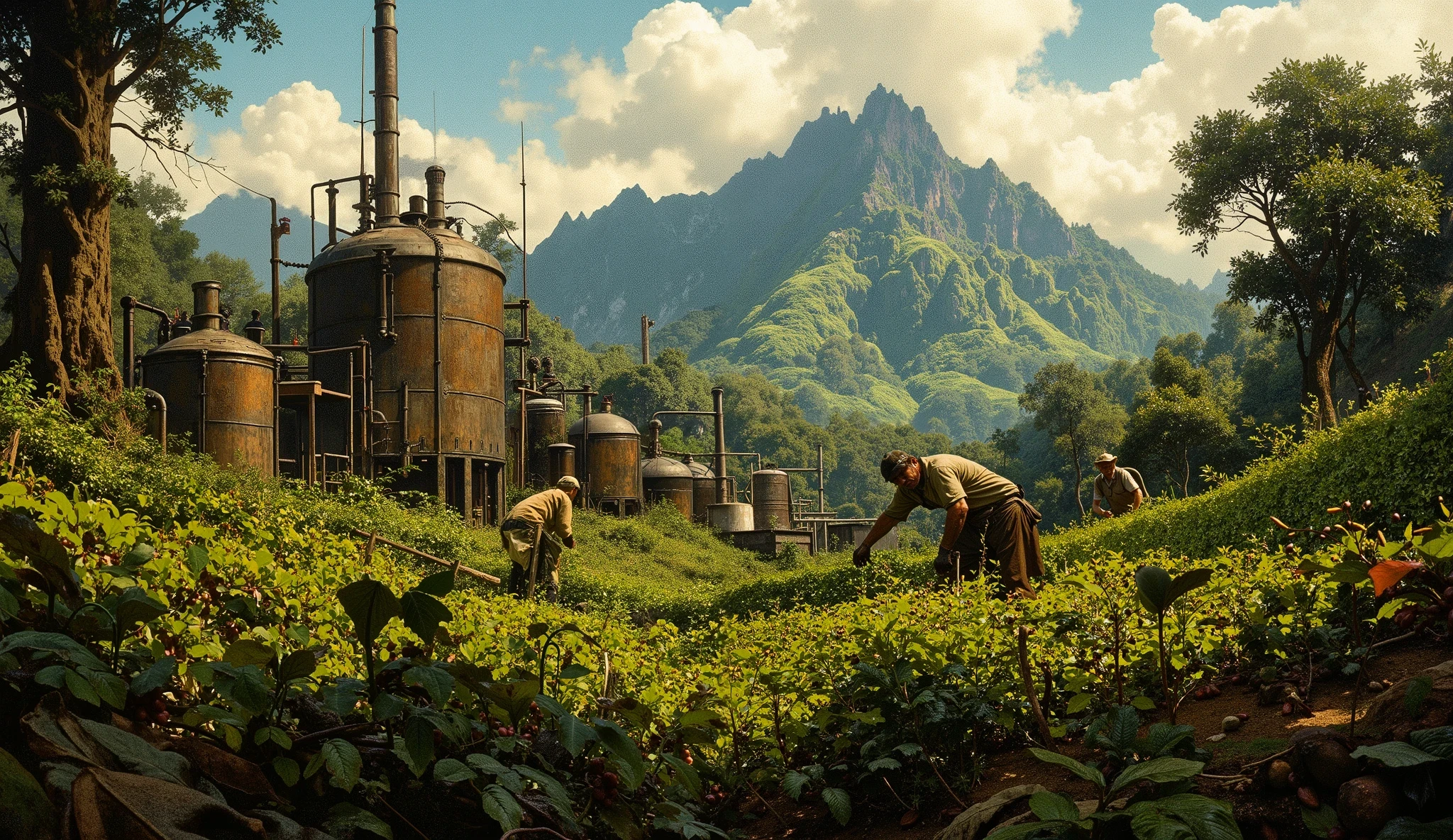 Coffee plantation, equipment for the production of black beer, fermenters, Coffee plants, um ritual com café