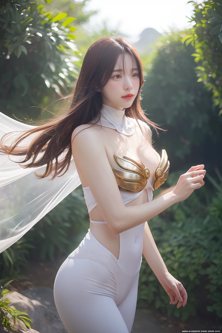 (((super weight milk)))、(A fierce battle with the dragon)、highest quality、masterpiece、ultra high resolution、(白Dragon Armor)、Dragon Armor、(wears a beautiful crown made of precious stones)、(Photoreal:1.4)、Raw photo、1 girl、golden hair、glowing skin、(((chinese dragon)))、(Expression like a gorgeous jewelry necklace)、(Fight against big dragons)、with a beautiful knife、(white metal bodysuit)、(beautiful forest background)、sheer cliff、(Small LED)、((Super realistic details))、Portrait、global illumination、shadow、octane rendering、8K、super vivid、big breasts、Raw skin exposed in cleavage、Metal、intricate ornamental details、japanese details、yellow eyes、shining eyes、facing the camera、neon detail mechanical limbs)、(Blood vessels connected to the ductechanical vertebrae attached to the back、mechanical cervical vertebrae)Worn on the neck、(Wires or cables connected to the head)、Mechanical thigh、two stock、(Hands are also machine made)、(veil)、Very heavy chest、