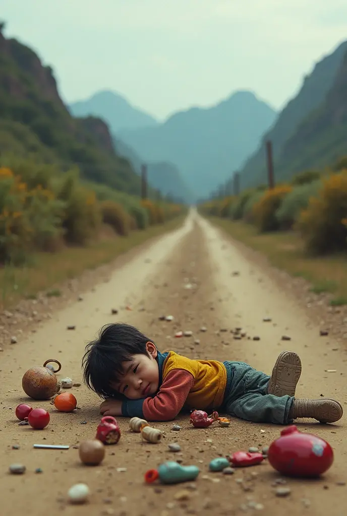 

1. **The Injured Boy on the Road**
   - **Description**: A dirt road with mountains and bushes in the background. In the center, a small, childlike boy is lying on the ground with colorful, torn clothes. He looks sad and a bit scared. His toys and belongings are scattered around.
   - **Elements**: Dirt road, distant mountains, bushes, small boy in colorful, torn clothes, scattered toys and belongings.
