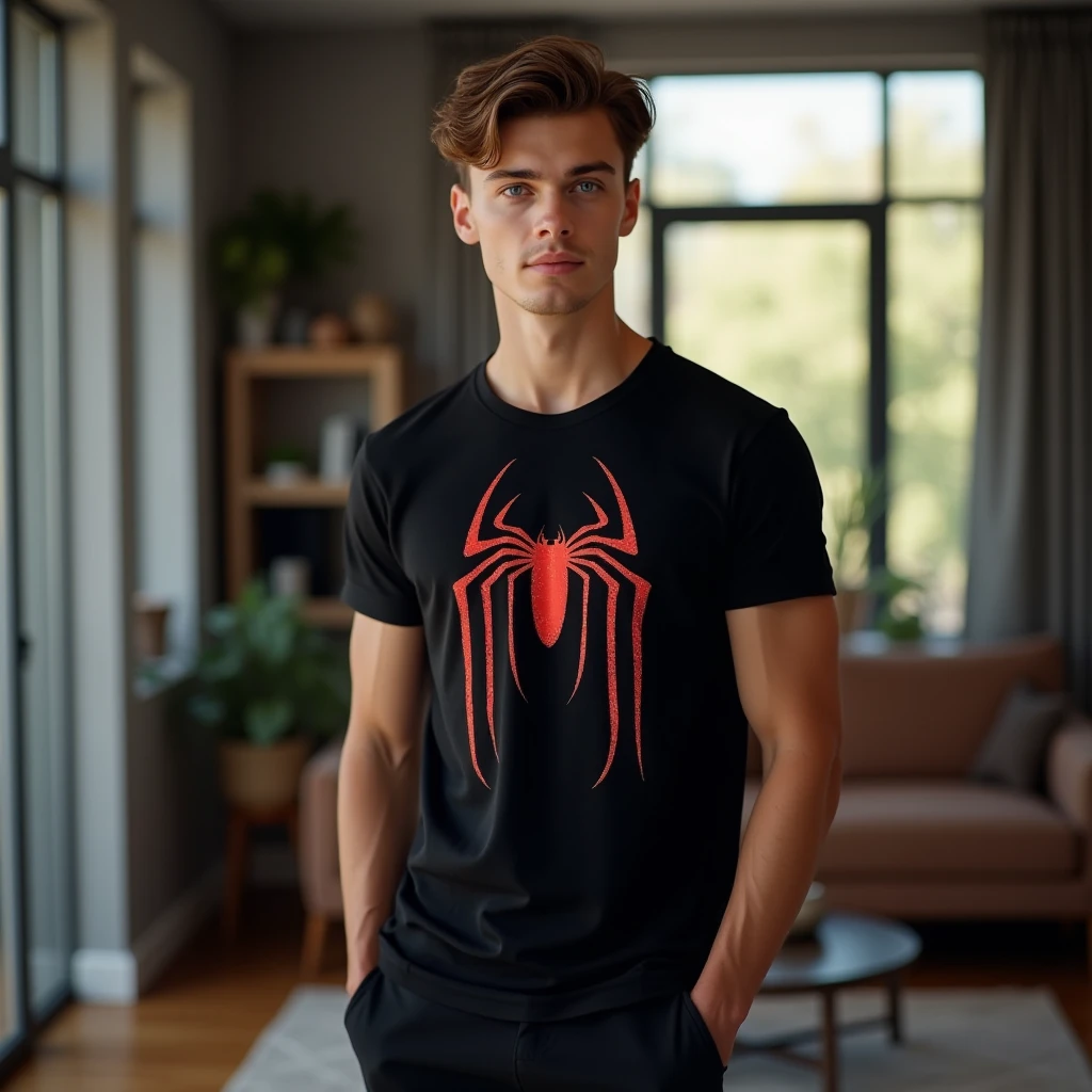 Template Boku No Hero Academy, 18 year old girl long straight black hair, Brown eyes, He wears a t-shirt with the Spiderman logo, jeans, an eyebrow piercing
