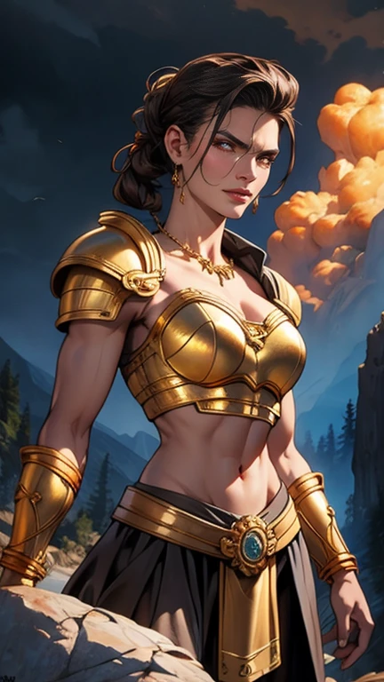 core_9, score_8_up, score_7_up, score_6_up, BREAK 1woman, skinny,big breasts, wearing barbarian armor, in a rocky orange desert terrain, smirking, sweating, holding axe,brown hair, cow face