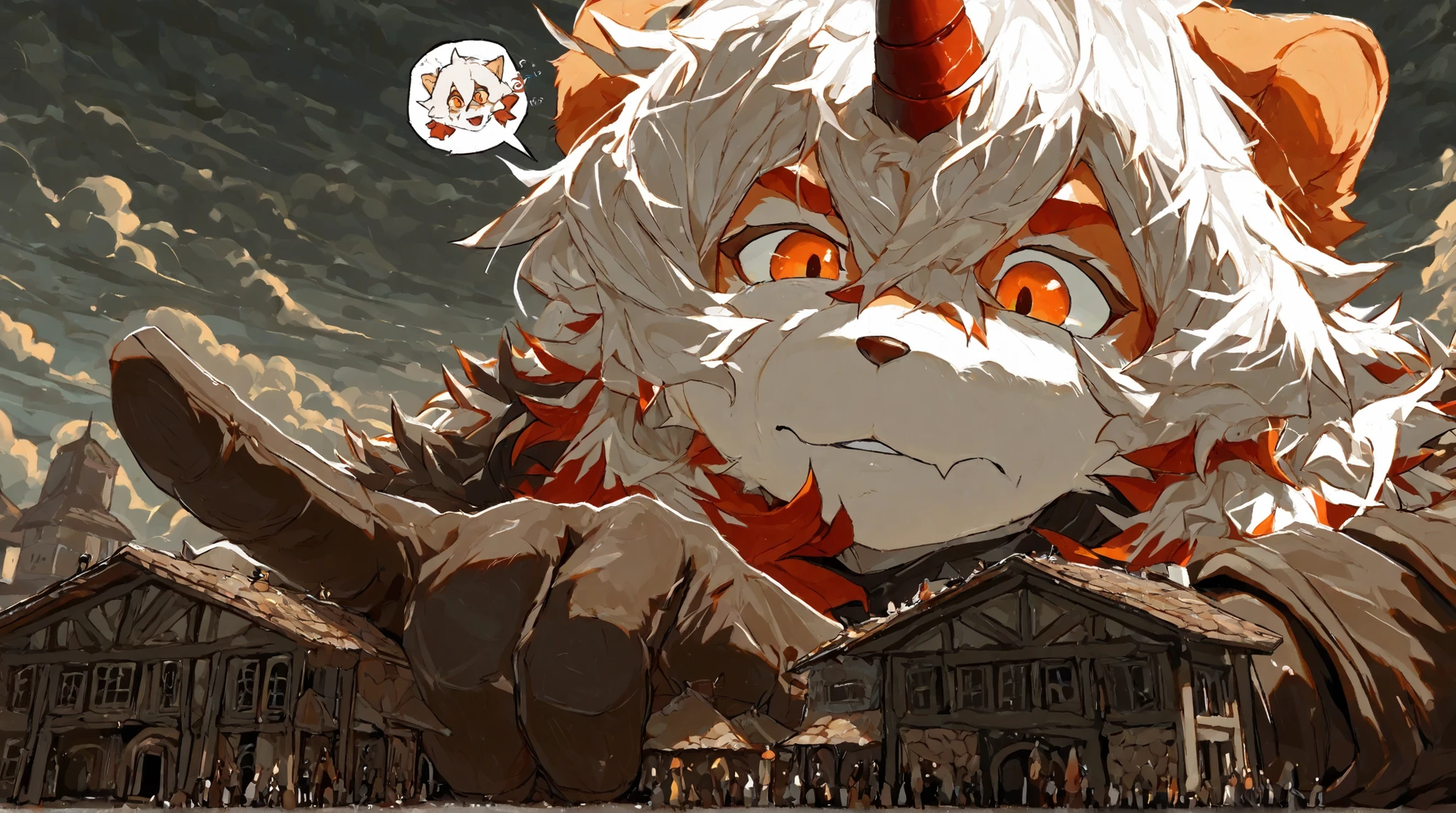 score_9, score_8_up, score_7_up, score_6_up, furry, anthro, solo, hung, perro, arknights, two-tone fur, medium hair, white hair, single horn, orange eyes,，(macro size: 1.2), furry hung, medieval fantasy, 1male, closeup furry fingers,  (furry hung face reaction: 1.1), tiny village under the palm of her hands, Gentle personality, foreshortening