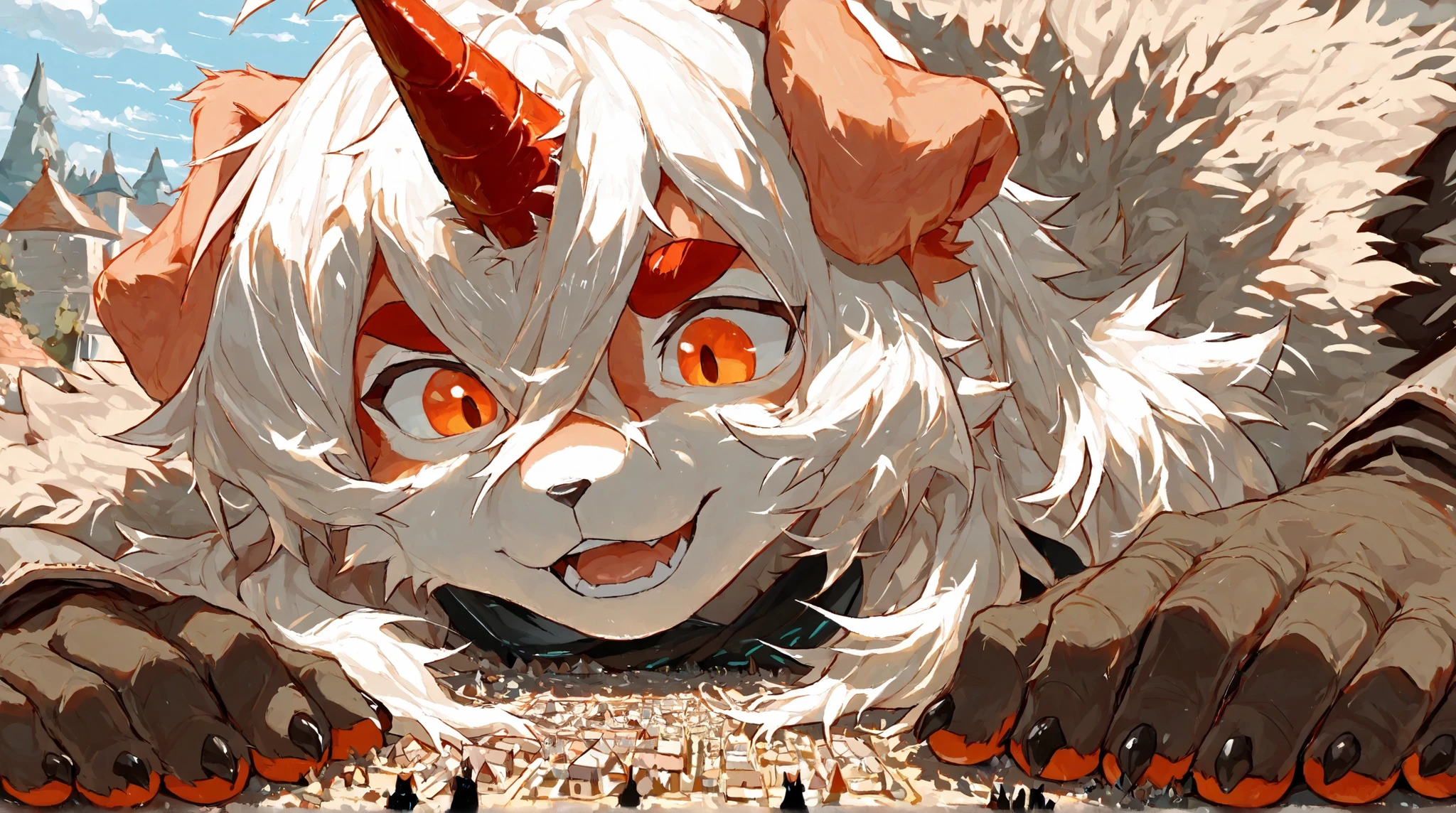 score_9, score_8_up, score_7_up, score_6_up, furry, anthro, solo, hung, perro, arknights, two-tone fur, medium hair, white hair, single horn, orange eyes,,(macro size: 1.2), furry hung, medieval fantasy, 1male, closeup furry fingers, (furry hung face reaction: 1.1), tiny village under the palm of her hands, Gentle personality, foreshortening