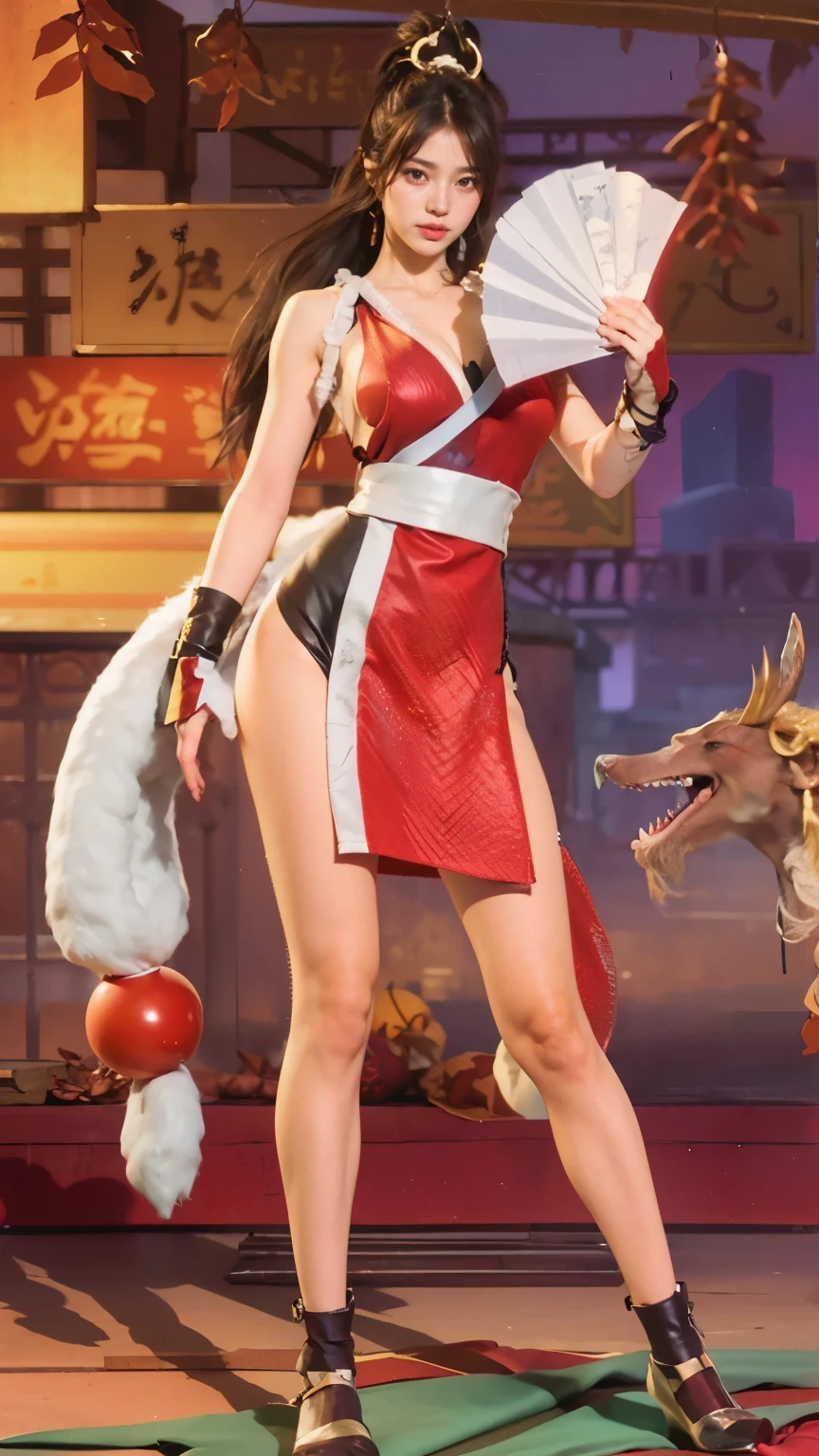Mai shiranui, (best quality,ultra-detailed),(realistic:1.37), beautiful and detailed face, ultra-realistic texture, delicate face, delicate body, red lipstick, vivid colors. High definition, 8K. athletic body.