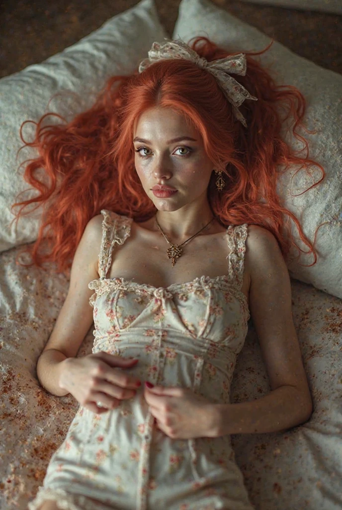 A beautiful young woman with long, vibrant red hair, wearing a stylish pink E-girl outfit with pink thigh socks, sitting on a bed with her legs spread, 1girl, extremely detailed face and eyes, detailed skin, beautiful detailed lips, longeyelashes, photorealistic, 8k, high quality, digital art, soft lighting, warm color palette, trending on artstation