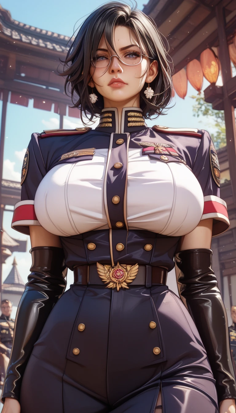 1 woman，35 years，plum，very large breasts， solo，（Background with：Desert，aerodrome，aircraft） She has very short black hair，Bobo&#39;s head，Get on the plane，，visible from the front， curly cloudy sky，（（（the masterpiece），（Очень подробные обои CG Unity 8K），Best quality，cinematic lighting，detailed background，beautiful detailed eyes，bright students，Black eyes，snow-white skin，Red lip（very good and beautiful），（Beautiful and detailed description of the eyes），ultra - detailed，the masterpiece，）），Facing the camera，A high resolution，ultra - detailed），breast-baring，Bare genitals，  convex，Legs open，raised sexy，Camel toes，Flushed complexion，Desire for dissatisfaction，facade，US Air Force，Aviator，Military Officer（Tedious：red cloak，white jacket，Gold wire embroidery，tailcoat，bow tie around the neck，black tights，bare chest）