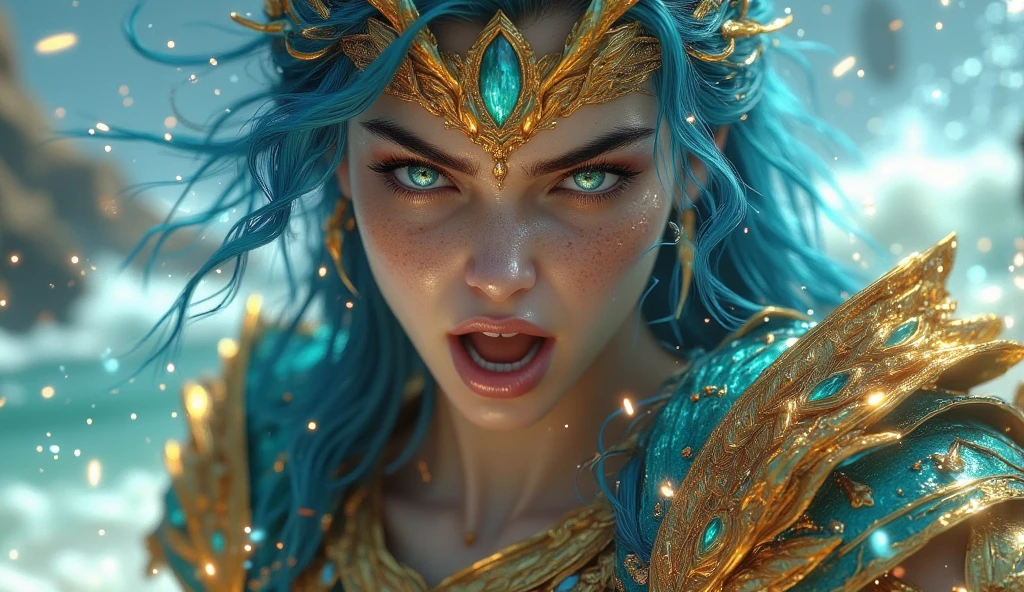 Bright Ultra sunlight-pro photo SLR Fujifilm XT3 Viking Queen Anya Taylor in heavy armor chrome extravagant thick high shoulders "Guerre de Lodoss" beautiful eyes turquoise opal Lazuli short hairstyle extravagant smile mouth open teeth screaming 27 years old skin pure face clean emotional appreciate expression revealing seductive suave pronounced voluminous anatomy athlete shape symmetry hair jewels navel diamond revealing under-clothing fashion silk satin leather hard thick fur spinel diamond kunzite ornate indigo lazuli ruby onix turquoise tourmaline complex Garden composition "Cerisier" marchant parmi lucioles sprites UHD 16k Rendu ultra octane "Unreal Engine 5" ultra-Ultra Realism-Ultra Precise-Ultra details-Ultra Quality-Ultra Resolution-Ultra textured-maximalist realist totalist perfectionism DSLR