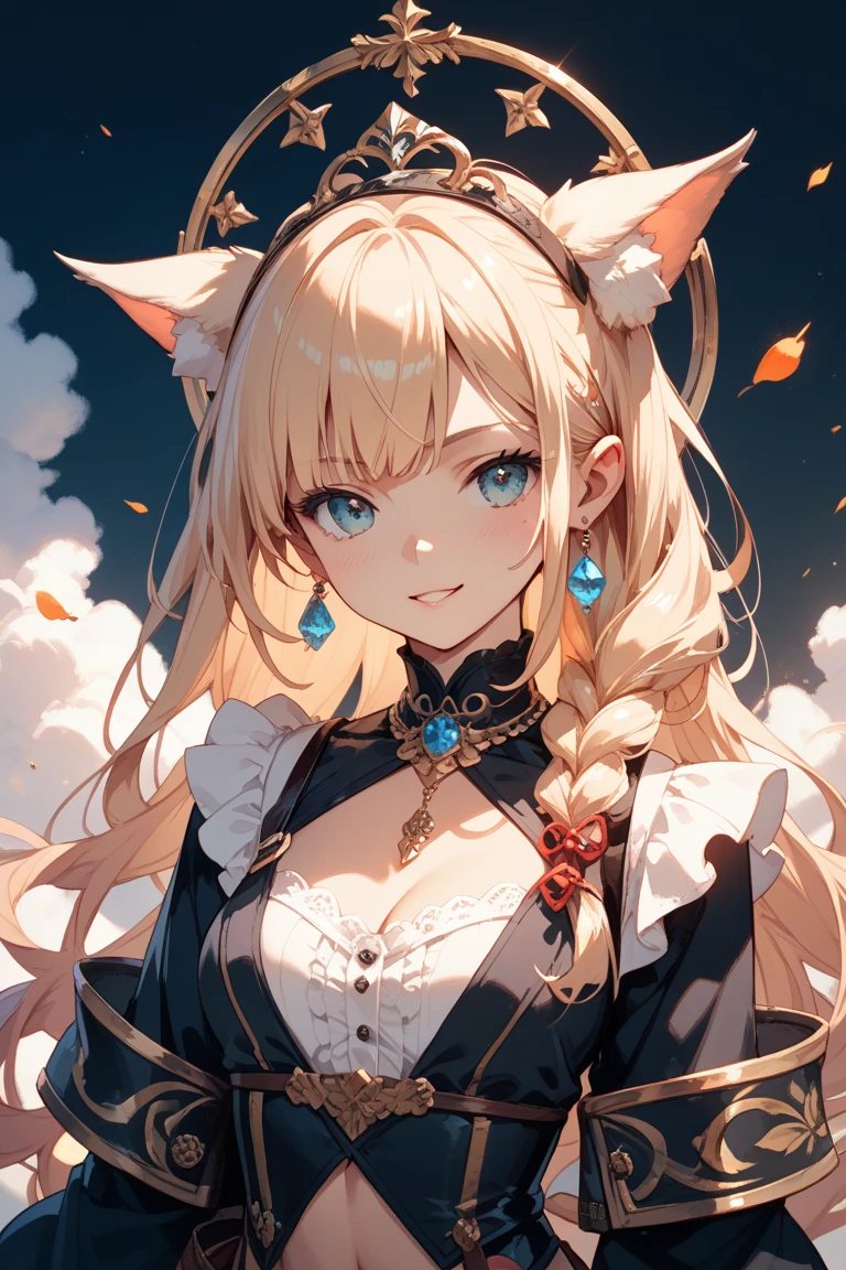 (Official art、Best Quality、Unity 8k Wallpapers、32K、masterpiece、ultra-detailliert、超A high resolution、The best illustrations、Very ridiculous:1.2), Goldie, dog ear, blonde hair, long hair, blush face, 23year old female, background under pale Moonlight, (Cinematic lighting:1.2)