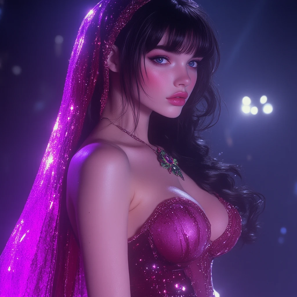 A group of aliens has abducted Salma Hayek (age 40) and they are poking her and examining her while she must stand in a bright spotlight. She is dressed in a pink translucent gown and is very shy