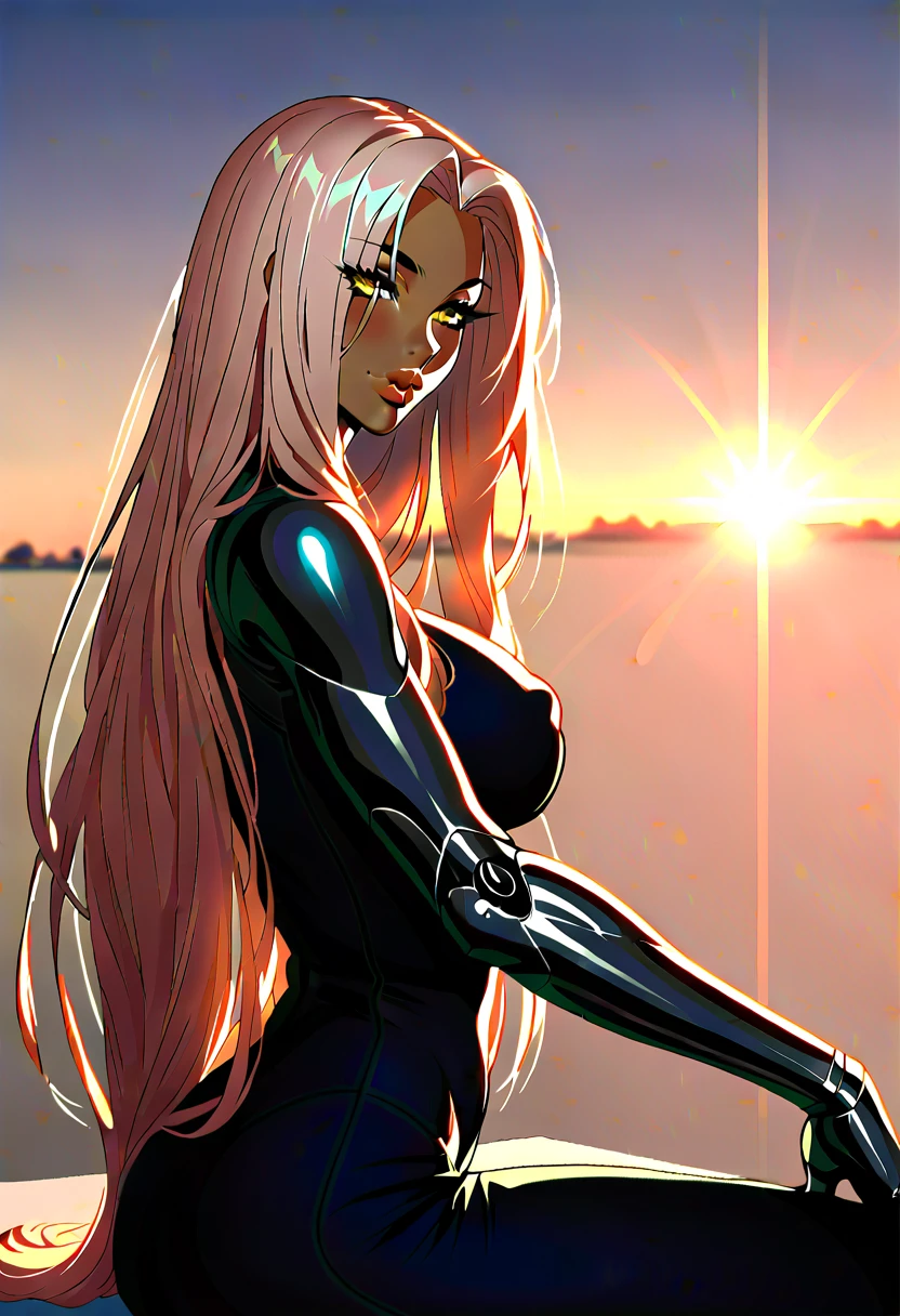 (nvinkpunk:1.2) (sinthwave style:0.8) a woman inspired by Karen Gillan, antrum, light wave, sun sunset, blue skies, intricate, highly detailed
