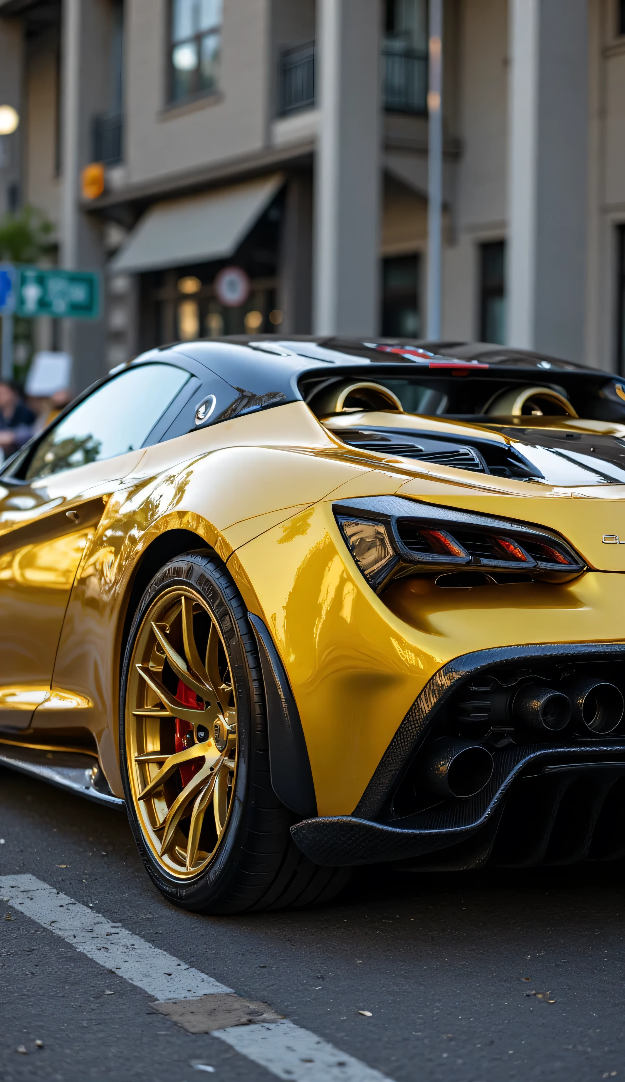 "Luxury Sports Car, Aerodynamic Design, Carbon Fiber, Metallic Golden, Slender Headlights, Bright Alloy Wheels, High-Quality Tires, Elevated Spoiler, Twin Exhausts. Highway. Elegant Rear Lighting, Hyper-realistic, Professional Photography, High Resolution, Photorealistic, 8K, HDR-10, Cinematic, Cinematic Lighting, Dynamic Composition, Angled View, Impressive Details, Powerful Engine, Expensive, High-End, Exclusive, Elegant, Sophisticated, Luxurious, Premium Quality, Studio Lighting, Sharp Focus, Physically Based Rendering, Vibrant Colors, Reflective Surfaces, Bright Chrome Details, Powerful and Captivating Presence."